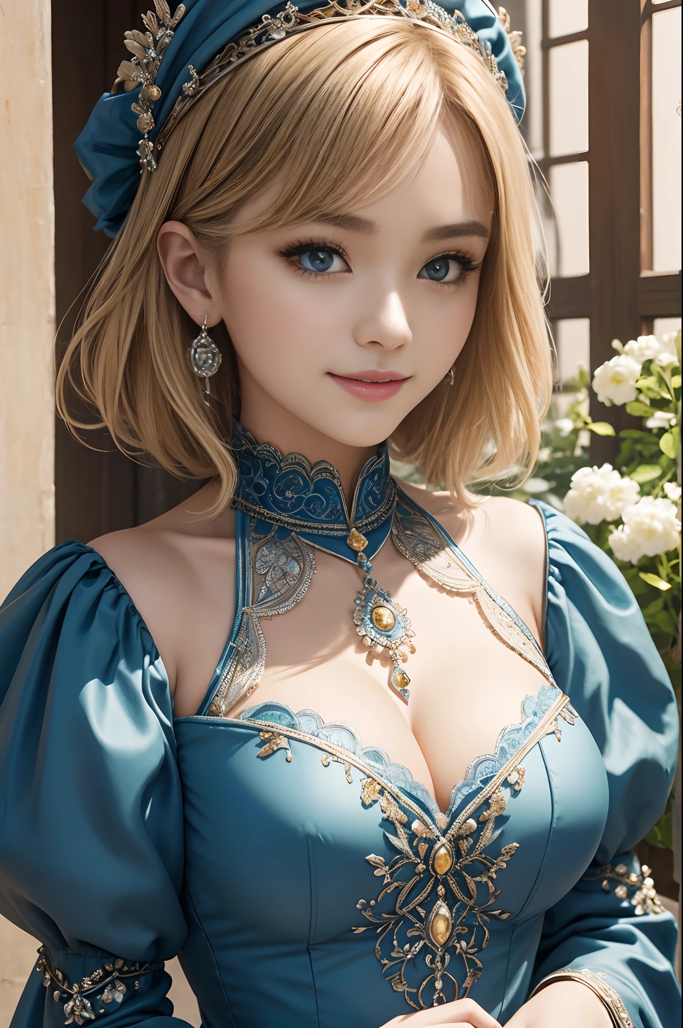 (dark shot:1.1)The whole body of the princess,Sexy princess costume with big breasts(absurderes、hight resolution、ultra-detailliert)、Full body of one woman、Red and white princess costume,Mature princess with big breasts、Princess in a luxurious dress、Blonde Short Bob、Mature woman with thin big breasts、blue eyess、sexy dress、long-sleeve、Finely detailed eyes and detailed face、intricate-detail、BREAK Mosaic Art、small pieces、colorful tesserae、complex pattern、Tiled design、durable surfaces、Old-fashioned technique BREAK macro photography、extreme close - up、intricate-detail、magnified textures、Stunning clarity、Hidden beauty、Immersive perspective break、 artisanal creations、Handmade products、unique designs、intricate detailes、Creative expression、skilled craftsmanship,enticing,enticing,English gardens,a smile,