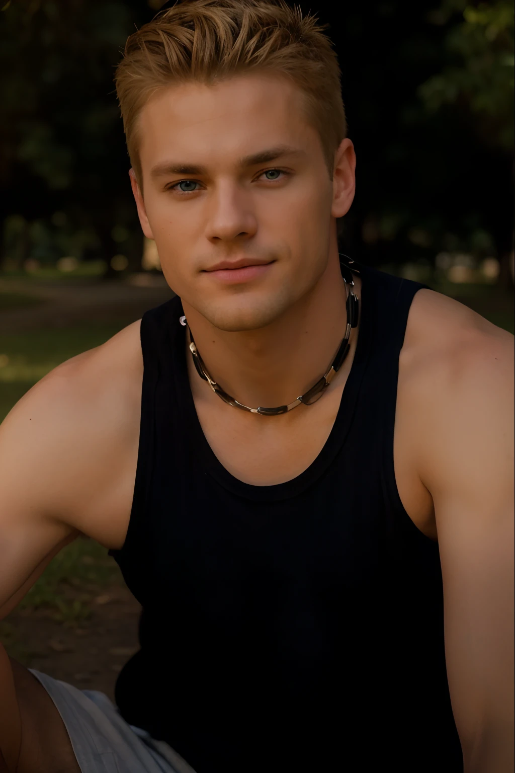 Handsome man 25-35 years old, in the park, , short blonde hair, blue eyes, close up, satellite image, backlighting, UHD, high quality, best quality, highres, 8k, 16k