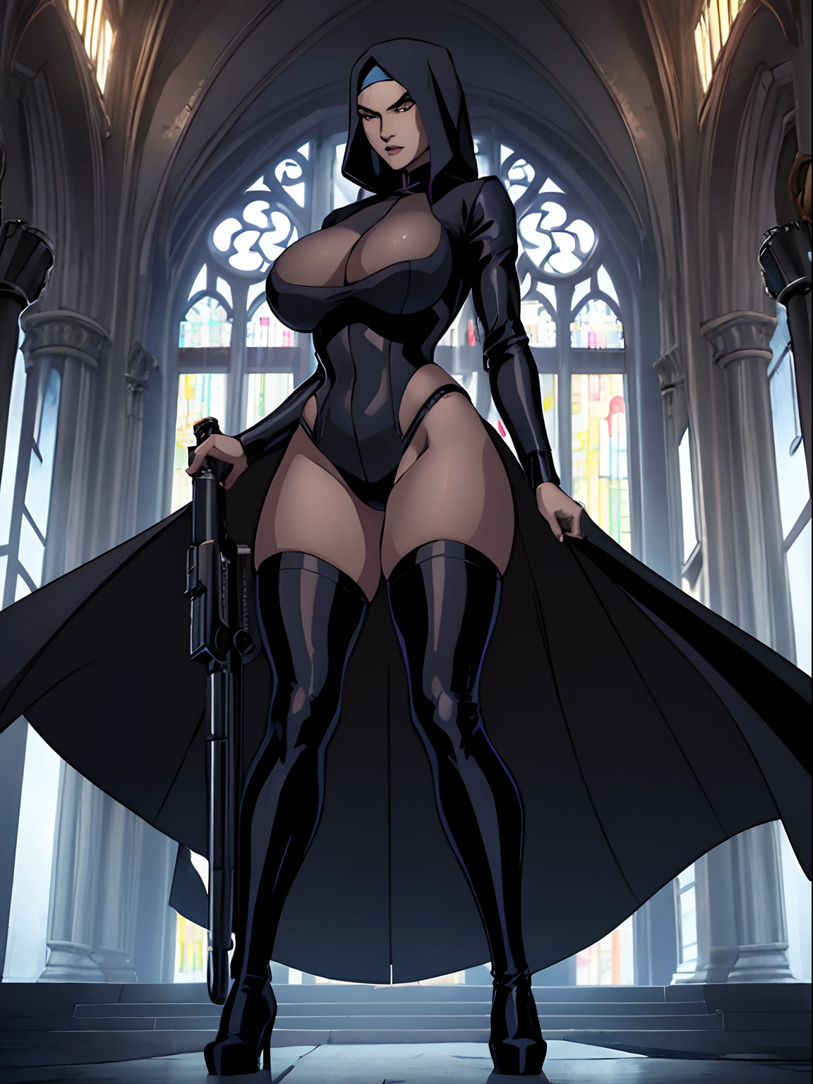 (masterpiece, top quality, best quality, official art, beautiful and aesthetic:1.2), (1girl:1.3), light freckles, fair skin, extremely detailed, portrait, looking at viewer, solo, (full body:0.6), detailed background, close up, (dark gothic theme:1.1), nun with guns, charlatan, smirk, mysterious, swaggering through cathedral, modest attire, black habit, cowl, nun hood, wimple, thigh-high boots, bodysuit, leotard, loose sleeves, cloak, corset, leather straps, ammunition pouches, long boots, submachineguns, SMGs, MP5s, thigh pouches, holsters, garters, ((((narrow hips, slim sexy body, gigantic breasts)))), slim waist, slim hips, long legs, modern (cathedral exterior:1.1) background, dark mysterious lighting, shadows, magical atmosphere, dutch angle,