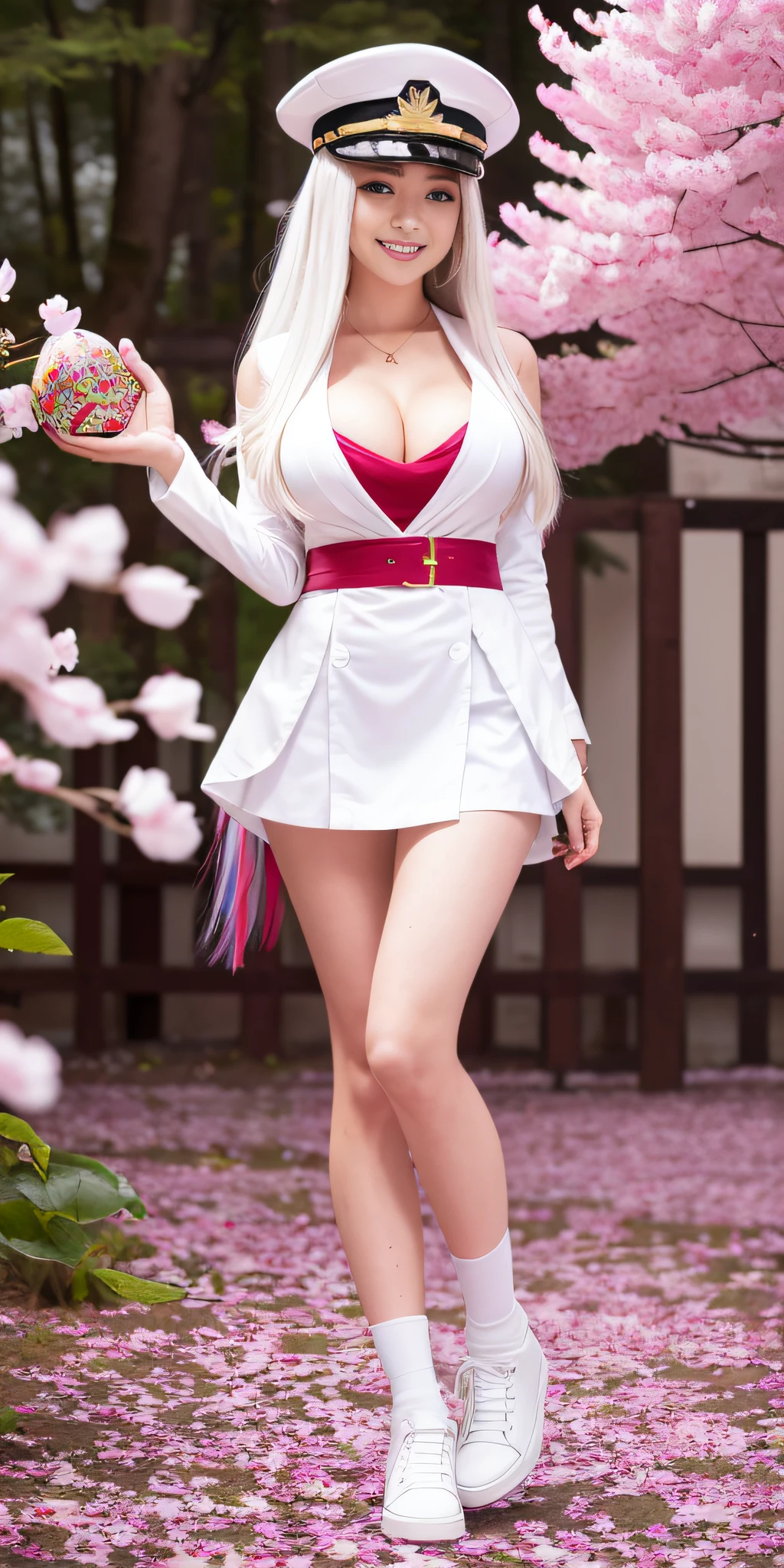 full body, vibrant colors, sexy girl, masterpiece, sharp focus, best quality, depth of field, cinematic lighting, (white captain outfit), hat, long hair, white hair, red eyes, laughing, smile, medium breasts, cherry blossom, outdoors, holding gift, giving gift, holding heart shape gift, 80% miniskirt, v-neck