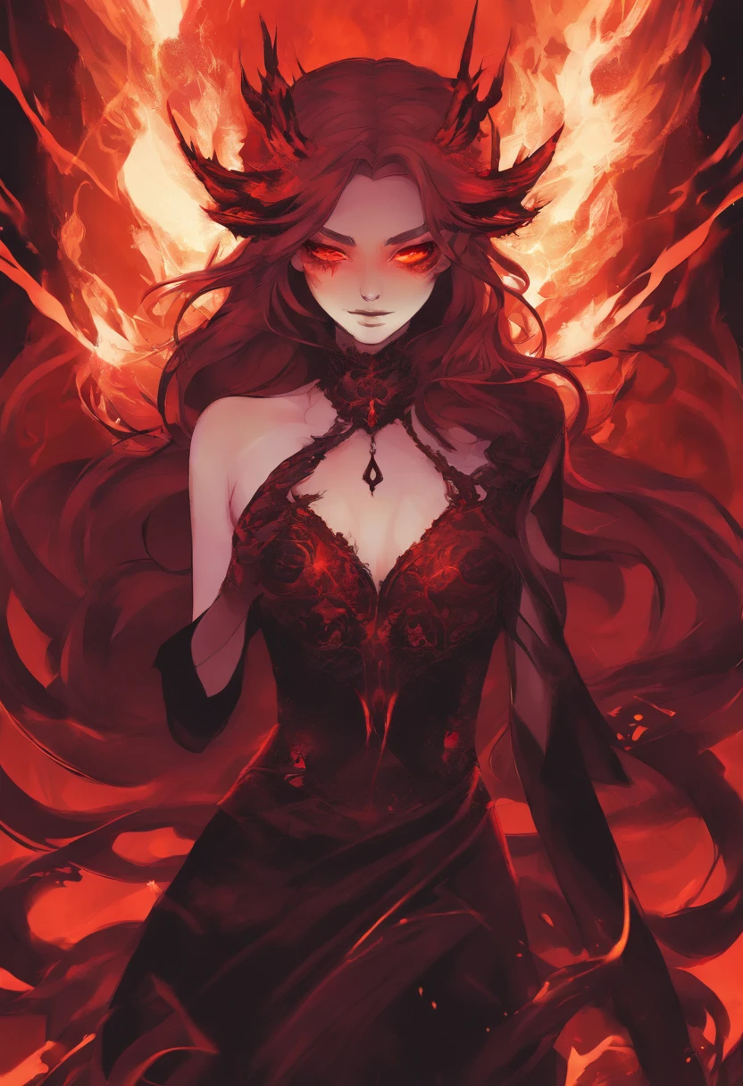 (demon woman),vibrant flowing red hair,black gothic dress,gothic style,supernatural atmosphere,anime style,studio Ghibli style,fire,hellscape,dark atmosphere,vibrant colors,red eyes,sharp fangs,wings,ominous shadows,ethereal glow,sinister smile,hauntingly beautiful,smoky background,mysterious aura,devilish horns,glowing embers,dramatic lighting,demonic energy,dancing flames,surreal landscape,magical sparks, not realistic, anime style, cartoon style, emo style, Victorian style, illustration, art by greg rutkowski and alphonse mucha,