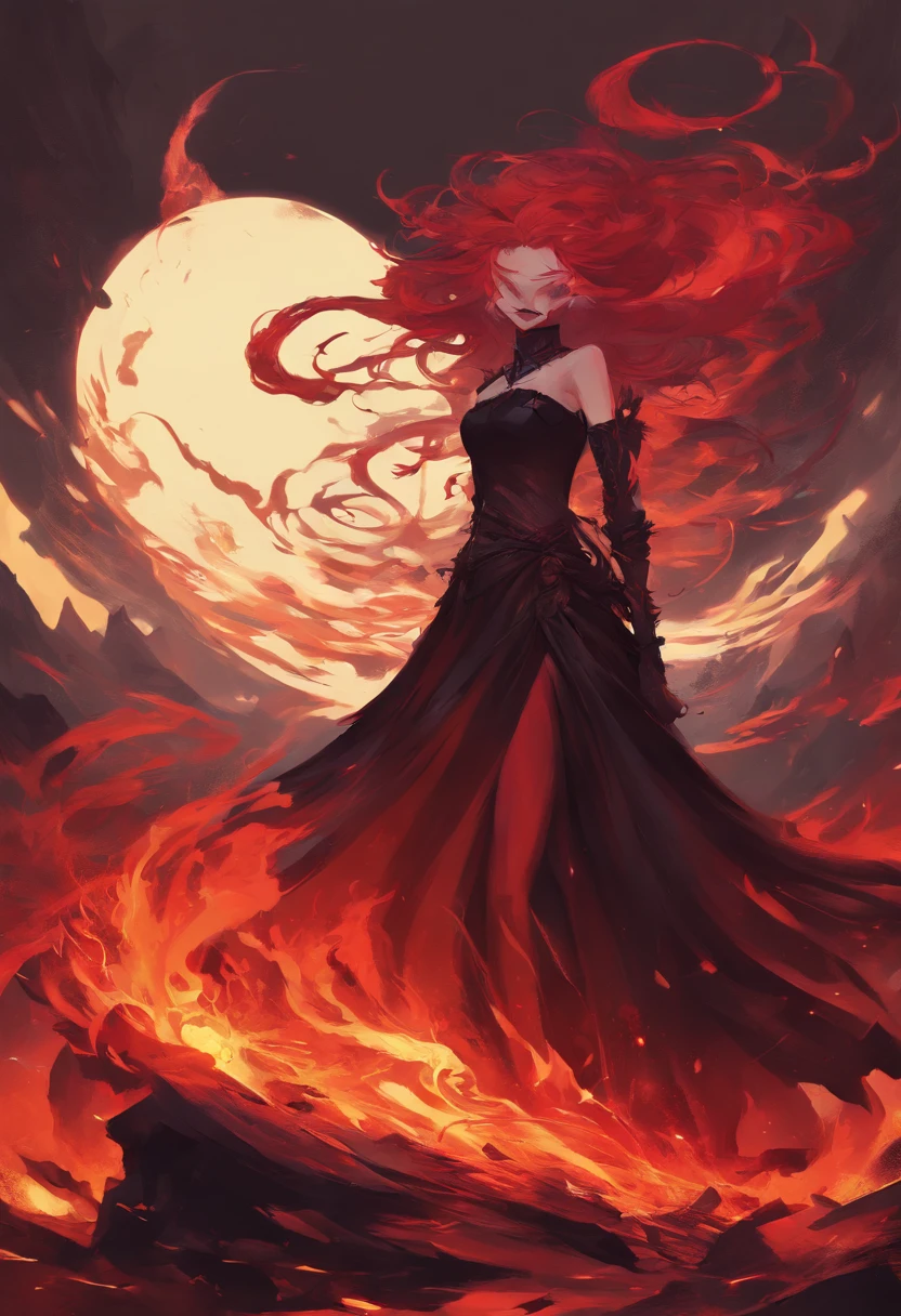 (demon woman),vibrant flowing red hair,black gothic dress,gothic style,supernatural atmosphere,anime style,studio Ghibli style,fire,hellscape,dark atmosphere,vibrant colors,red eyes,sharp fangs,wings,ominous shadows,ethereal glow,sinister smile,hauntingly beautiful,smoky background,mysterious aura,devilish horns,glowing embers,dramatic lighting,demonic energy,dancing flames,surreal landscape,magical sparks, not realistic, anime style, cartoon style, emo style, Victorian style, illustration, art by greg rutkowski and alphonse mucha,