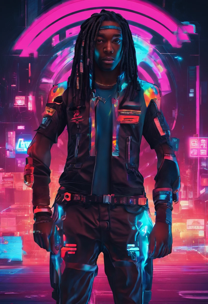 Black boy with dreads in akatsuki uniform Cyberpunk-style motorcycle, colored in black and neon, featuring intricate and complex mechanical structures with glowing parts. simple background, Camera model: Sony A9 II. Camera parameters: shutter speed 1/200, aperture f4.5, ISO 800. Lighting style: street light. Fancy words: powerful, sleek, futuristic