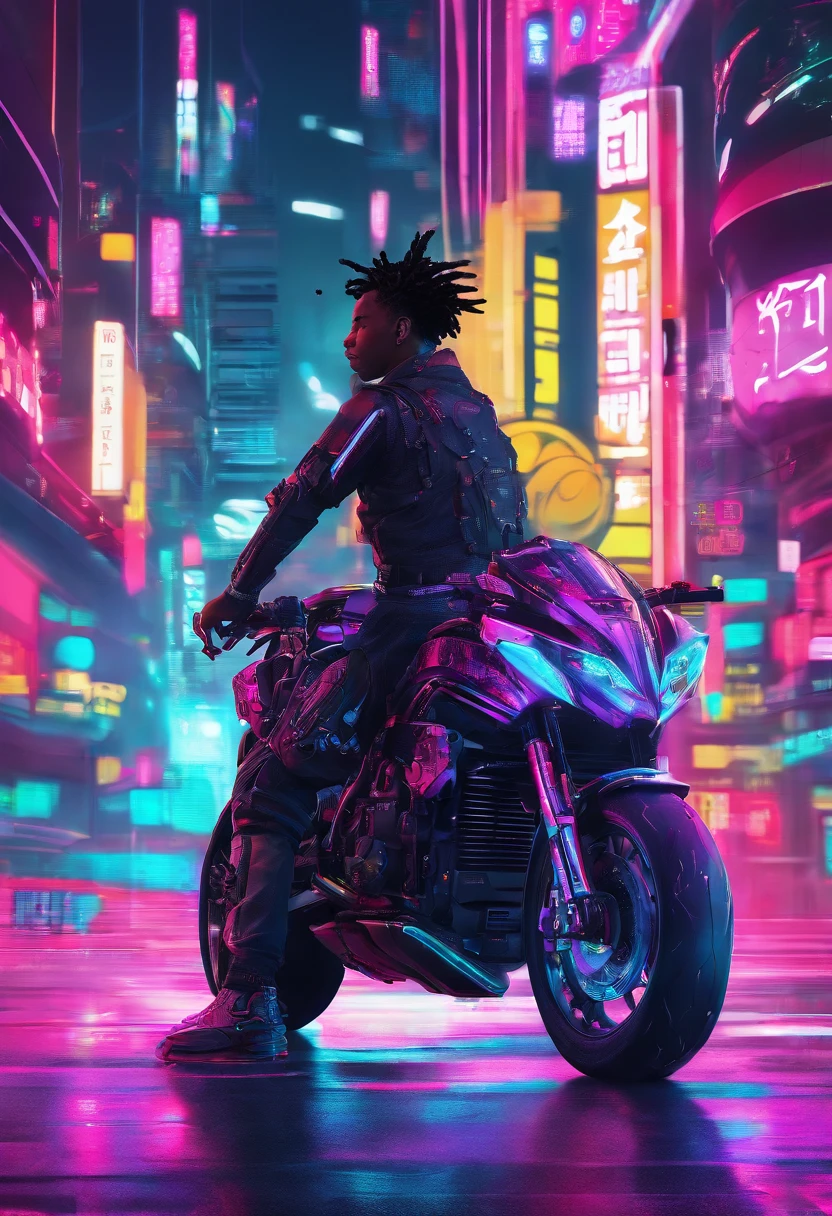 Black boy with dreads in akatsuki uniform Cyberpunk-style motorcycle, colored in black and neon, featuring intricate and complex mechanical structures with glowing parts. simple background, Camera model: Sony A9 II. Camera parameters: shutter speed 1/200, aperture f4.5, ISO 800. Lighting style: street light. Fancy words: powerful, sleek, futuristic