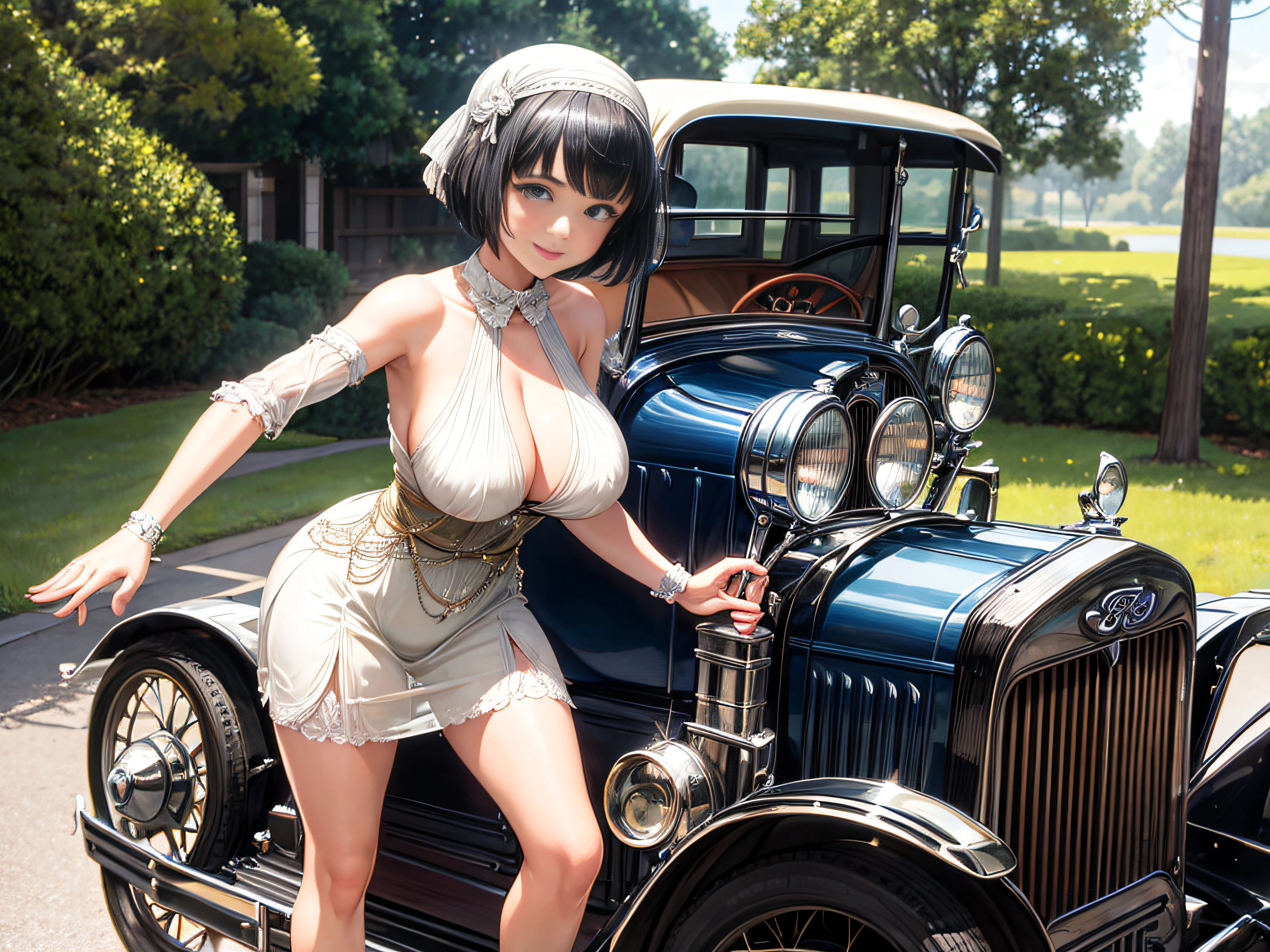 A 1920s flapper girl with large breast standing next to a 1920's Ford 4 door v8 car