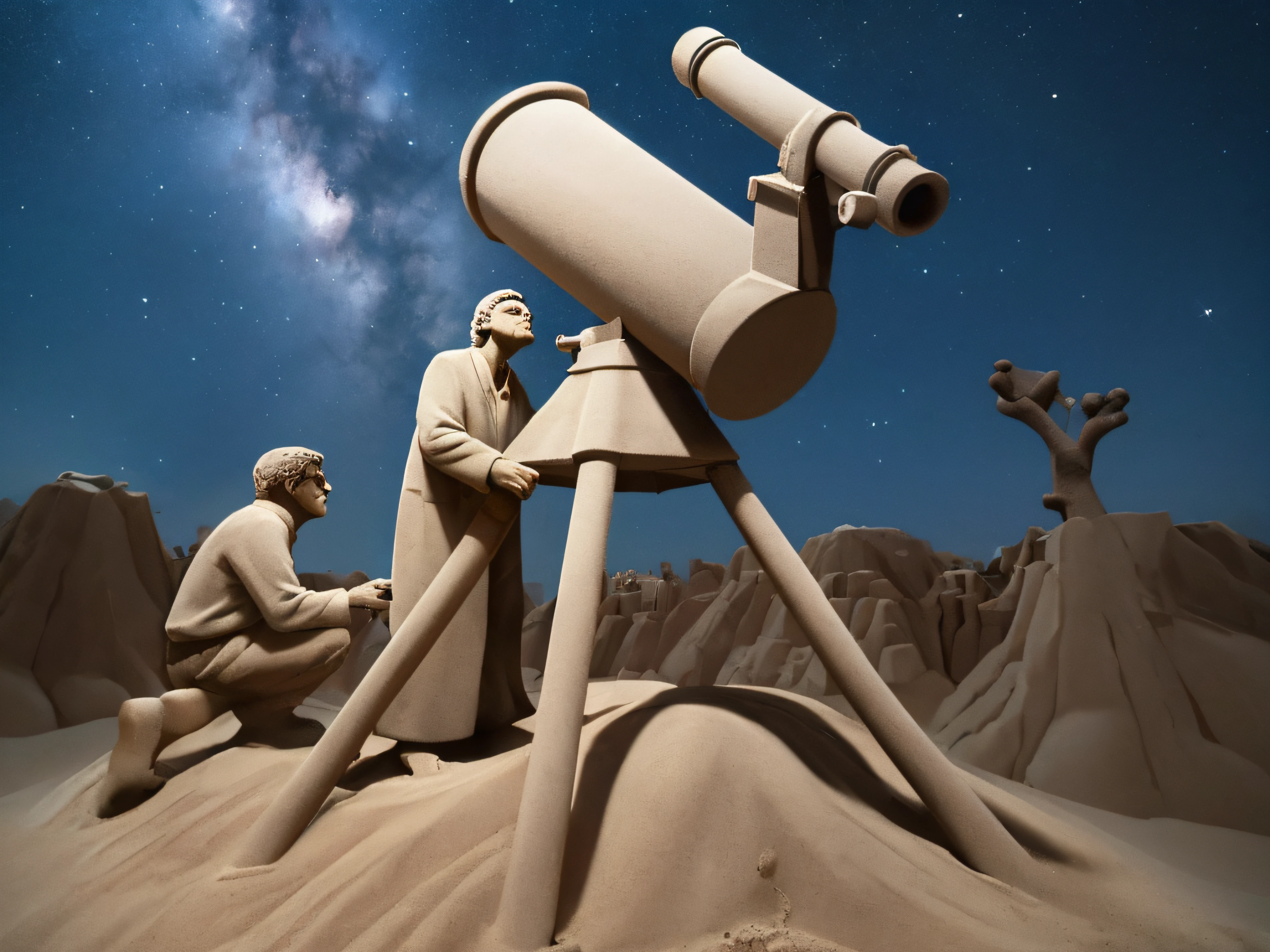 In a sand sculpture style, A stargazer setting up a telescope under a desert sky, constellations shining.