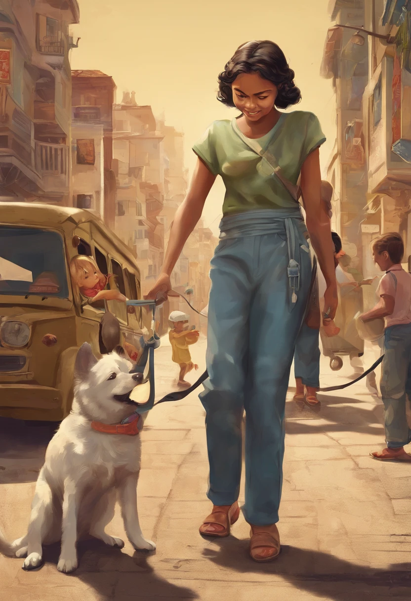 a playing with her dog while her mother with a baby in her arms asks for money to the car drivers, in a context of misery and poverty