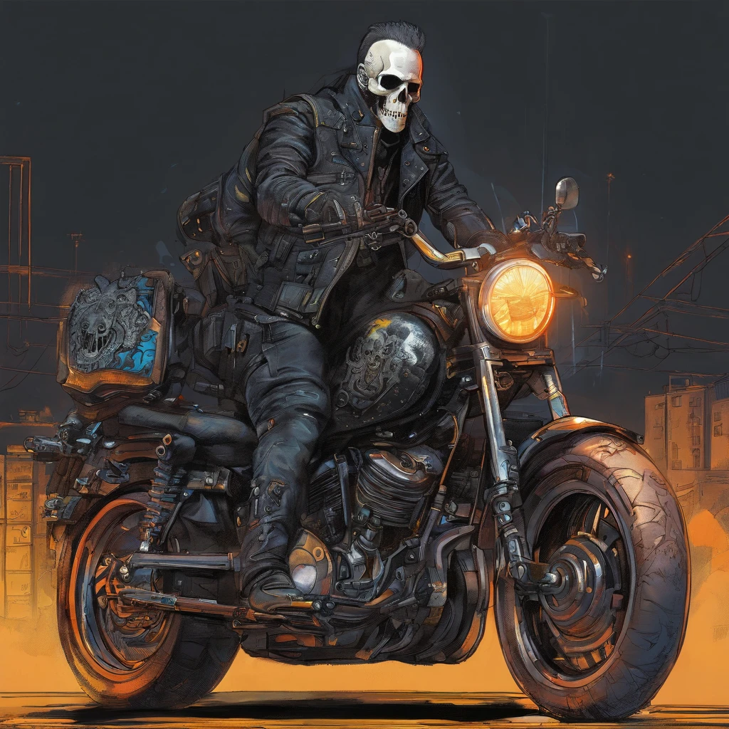 1 highly reflective chrome skull head member of the male cyberpunk motorcycle gang black with dreadswith LED illuminated cybernetic prosthetic arms housing retractable hidden weapons and bright white eyes, All black leather and motorcycle vest with skull motorcycle patch emblem embroidered in relief on the back, ( folha de caracteres, testa, back, lado, traseira), Full Shot Full Body Portrait Character Design Schematic Shot, highly reflective chrome skull cyberpunk head motorcycle gang member with bright white eyes with detailed illuminated cybernetic arms illuminated visually illuminated holster gadgets wearing all black leather and motorcycle vest with embroidered skull motorcycle patch engraved on the back. insanely detailed matte paint with rough strokes and textures, Stephen Gammell, Daheny Pinho, Jeremy Mann, Alex Maleev, carne_Griffiths, 16k resolution, oil on the canvas, Belas Artes, luz super eficiente, foco nítido, Grain, Approaching perfection, a million details, max quality. (master part: 1.2), (best quality: 1.3).