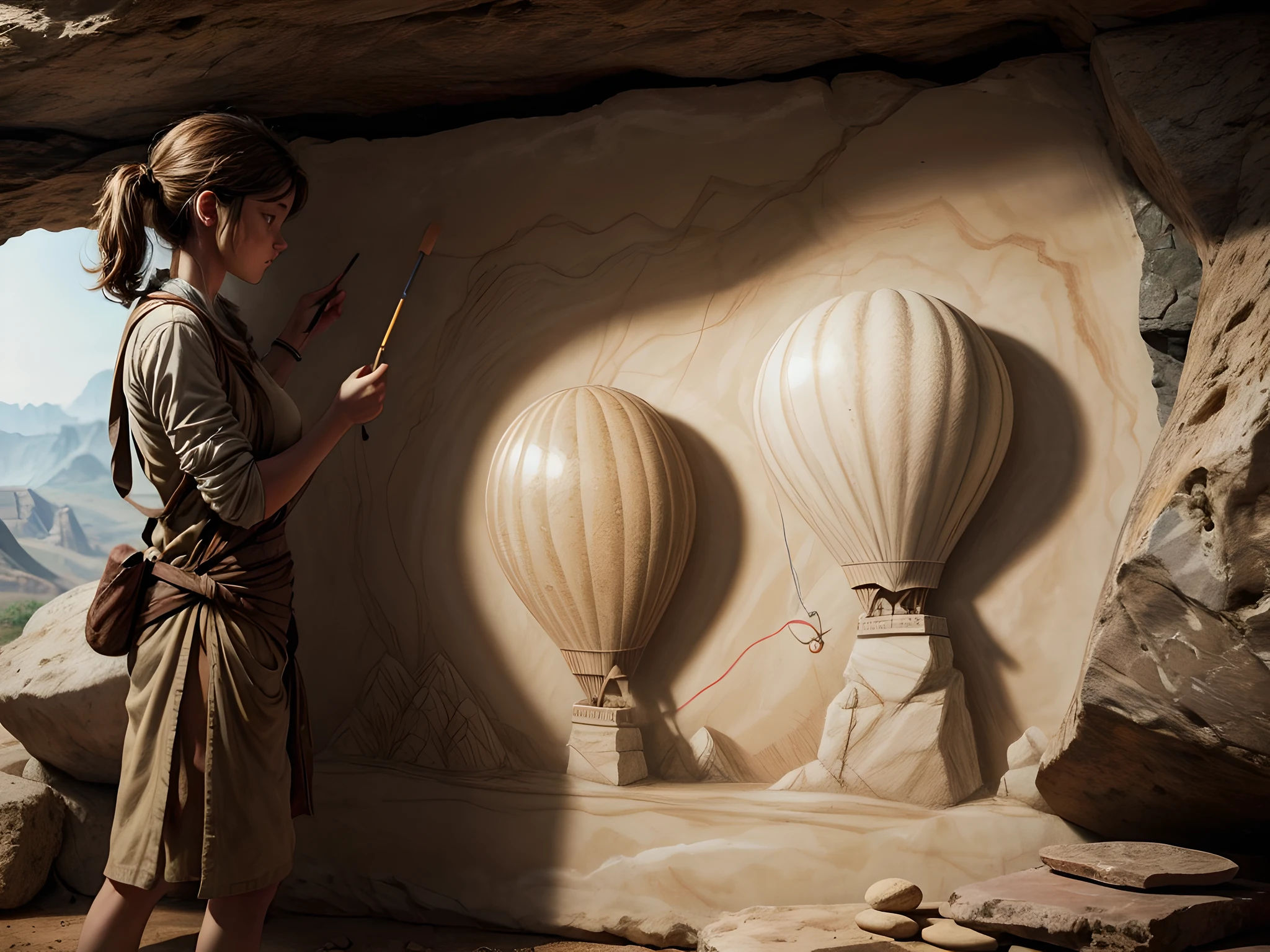 A archeologist finding a drawing in stone cave made by caveman showing a hot air baloon, it is painted on the wall of the cave basic lines