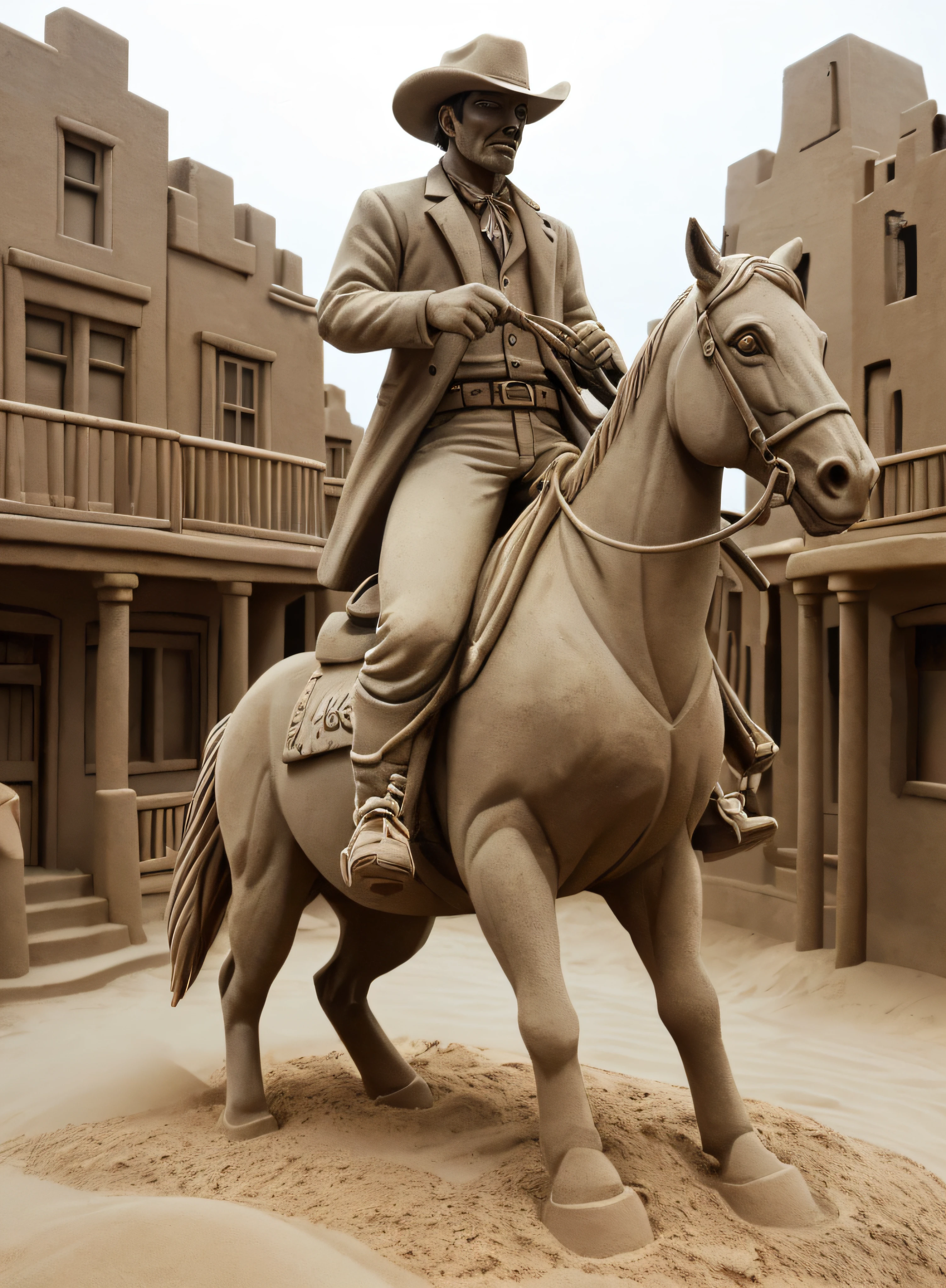 In a sand sculpture style,  A cowboy riding a horse through a dusty wild west town in 1860