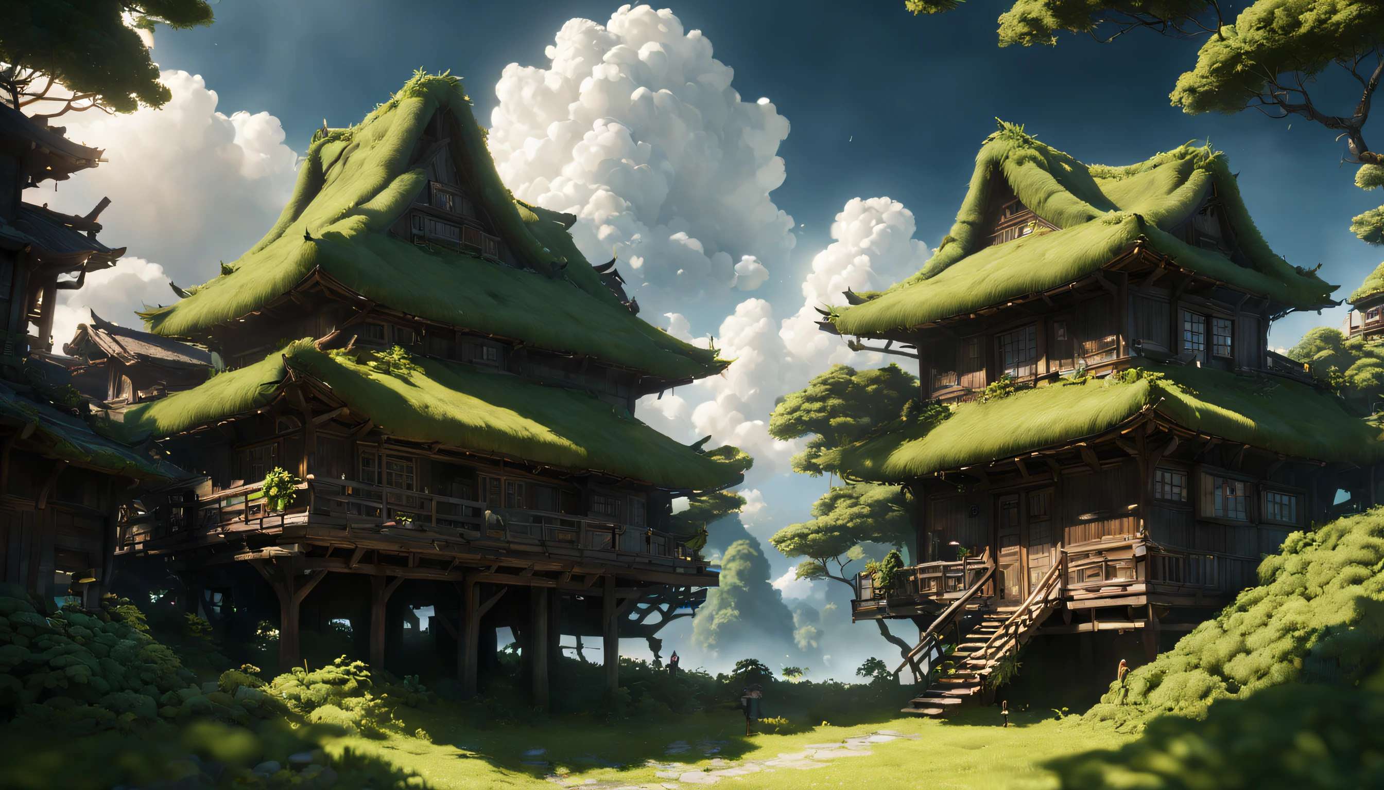 (An island floating in the sky:1.6),(Countless cities floating in the sky:1.6),(Fantasy painting:1.3)A city in the clouds,thatched hut,Miyazaki painting style,Makoto Shinkai painting style,Countless white clouds,Flying humans,((best qualtiy)),((tmasterpiece)),(The is very detailed:1.3), 3D, ,HDR(HighDynamicRange),Ray traching,NVIDIA RTX,Hyper-Resolution,Unreal 5,sub surface scattering,PBR textures,Post-processing,Anisotropic filtering,depth of fields,Maximum clarity and sharpness,Many-Layer Textures,Albedo e mapas Speculares,Surface Coloring,Accurately simulate light-material interactions,perfectly proportions,rendering by octane,twotonelighting,Low ISO,White balance,trichotomy,Wide aperture,8K RAW,High-Efficiency Sub-Pixel,sub-pixel convolution,Luminous Particle,