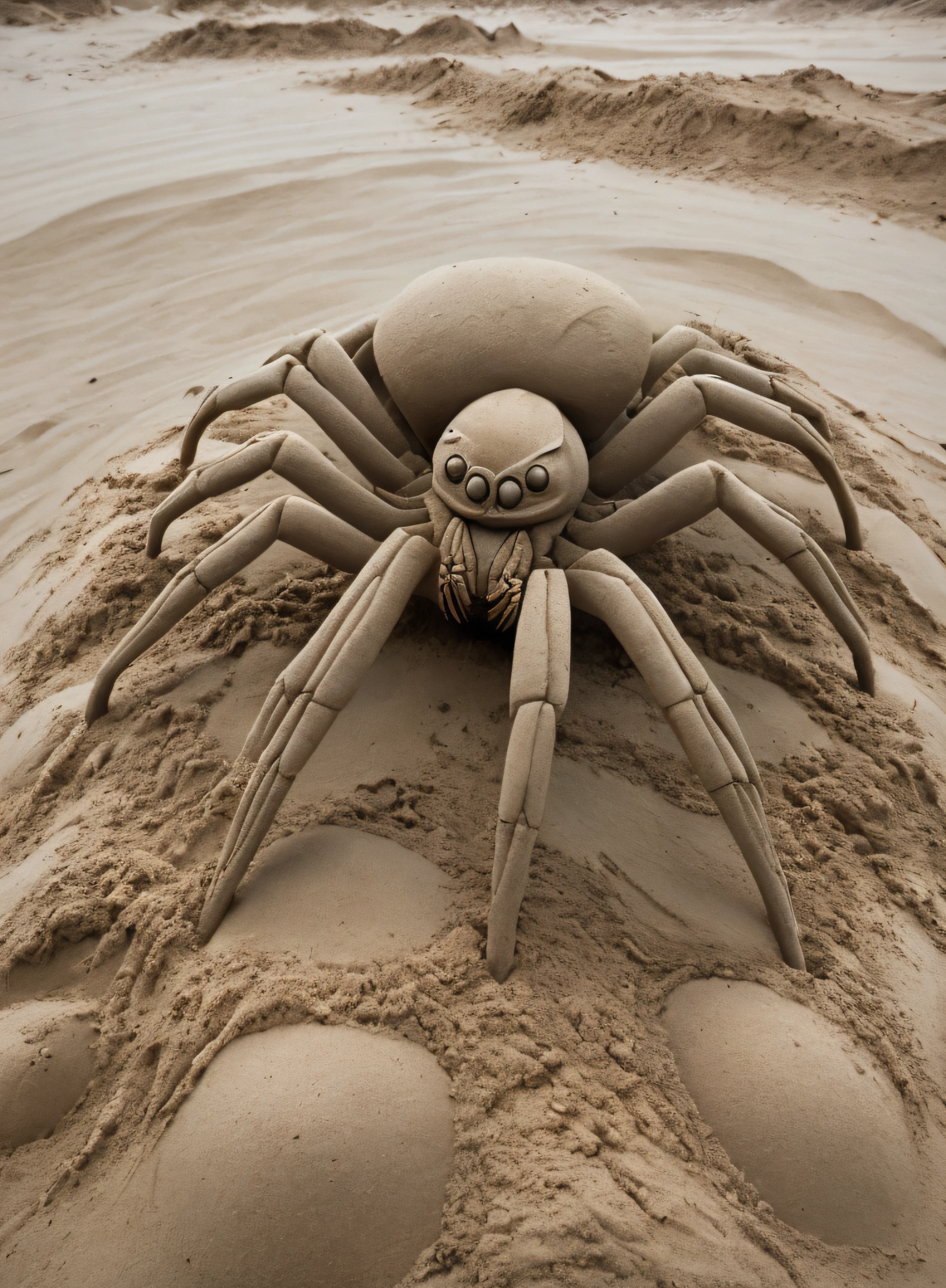 In a sand sculpture style,  Dramatic award winning nature action photography of  spider wandering  in its natural environment