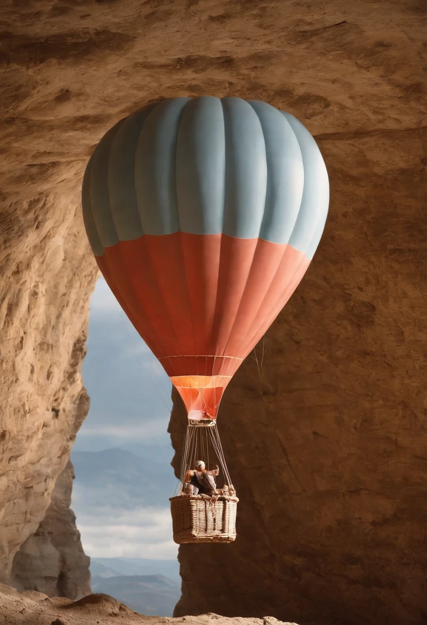 A drawing in stone cave made by caveman showing a hot air baloon, it is painted on the wall of the cave basic lines
