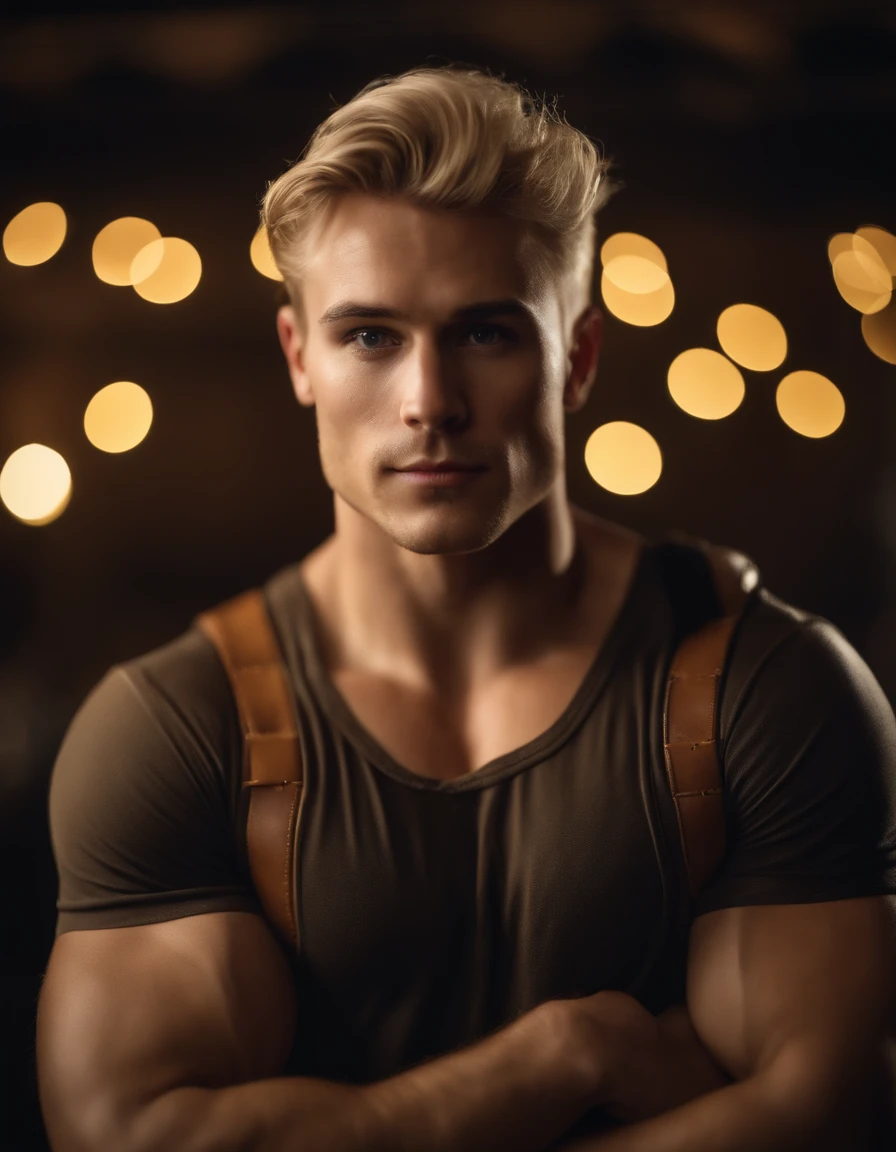 epic professional upper body head shot, official Fallout art, young handsome 20 year old male raider, detailed face, smooth features, blonde hair, post-apocalyptic, muscular and toned body, hairy chest, detailed eyes, intricate details