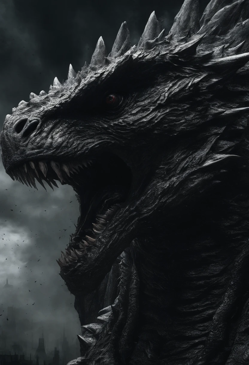 Monstros estranhos em um mundo de fantasia,Godzilla,Um laser grosso pulveriza para fora da boca,sangue,Covered with thick spikes,Noite de Lua,中景 the scene is,Corpo inteiro como, VFX surreal altamente detalhado,oc renderizado,Disparo com 70 mm - AR 16:9 --q 2 --s 1000