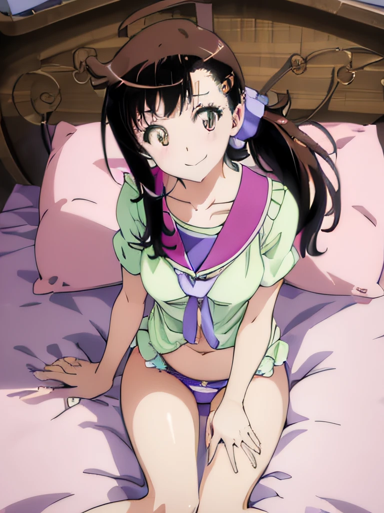 ((masutepiece)), ((Best Quality)), (Ultra-detailed), Anime style, look down from above, on the bed,  s, 1girl in, Solo, underwear00, ((Beautiful eyes)), large full breasts, Smile