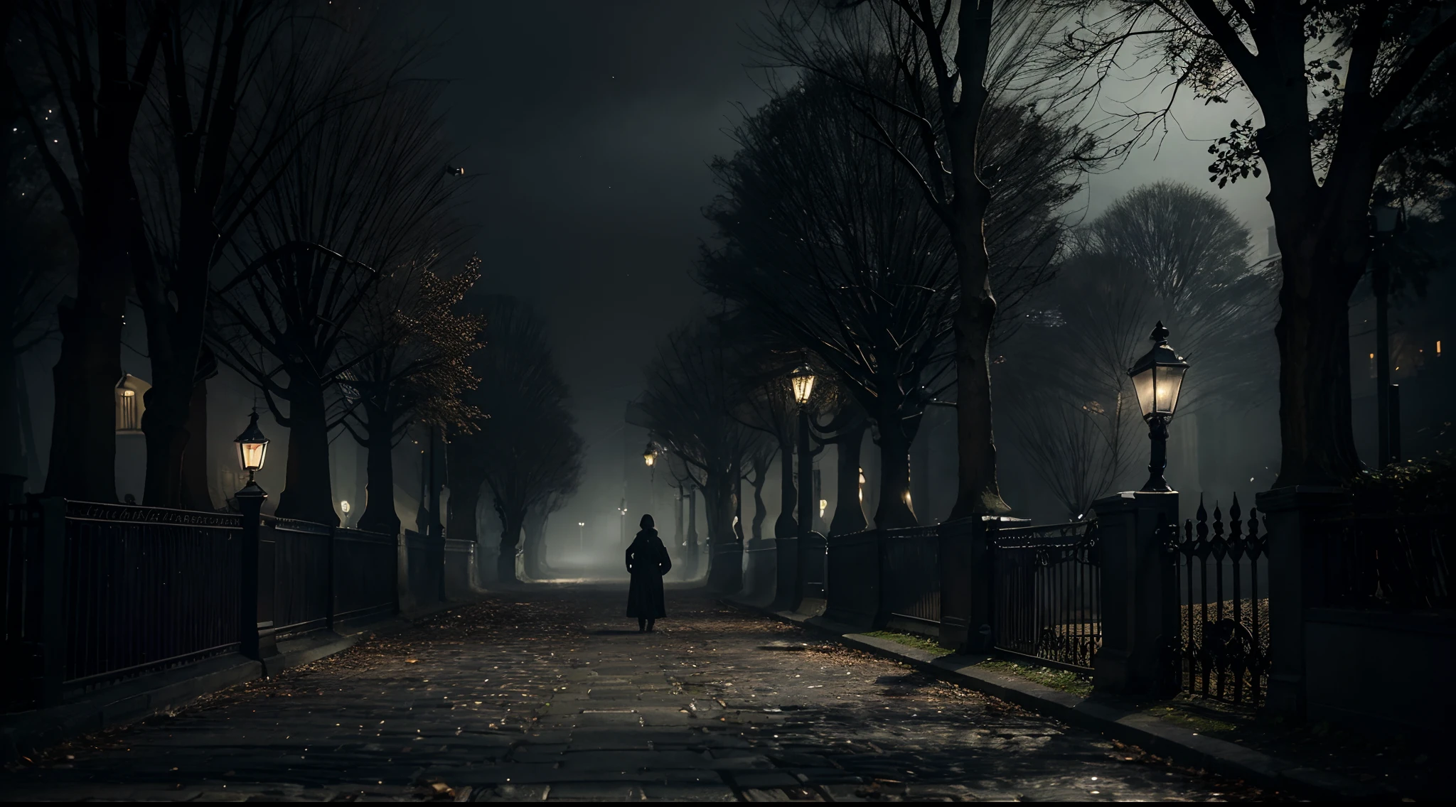 (best quality,ultra-detailed,realistic:1.37),dark and eerie city resembling 1800s London, foggy and gloomy night, heavy and unsettling atmosphere, surrounded by a dense and dark forest, haunting ambiance, dimly lit gas lamps, cobblestone streets, towering Gothic architecture, mysterious figures shrouded in shadows, foreboding silence, chilling whispers, flickering streetlights, twisted and gnarled tree branches, an air of mystery and danger, wrought-iron gates guarding unknown secrets, a sense of unease and anticipation, hauntingly beautiful Victorian mansions, towering clock towers and spires, hidden alleyways and winding paths, abandoned carriages and broken cobblestones, distant howling of wolves, the lingering scent of decay, a sense of impending doom, an unsettling quiet interrupted only by the distant echoes of footsteps.