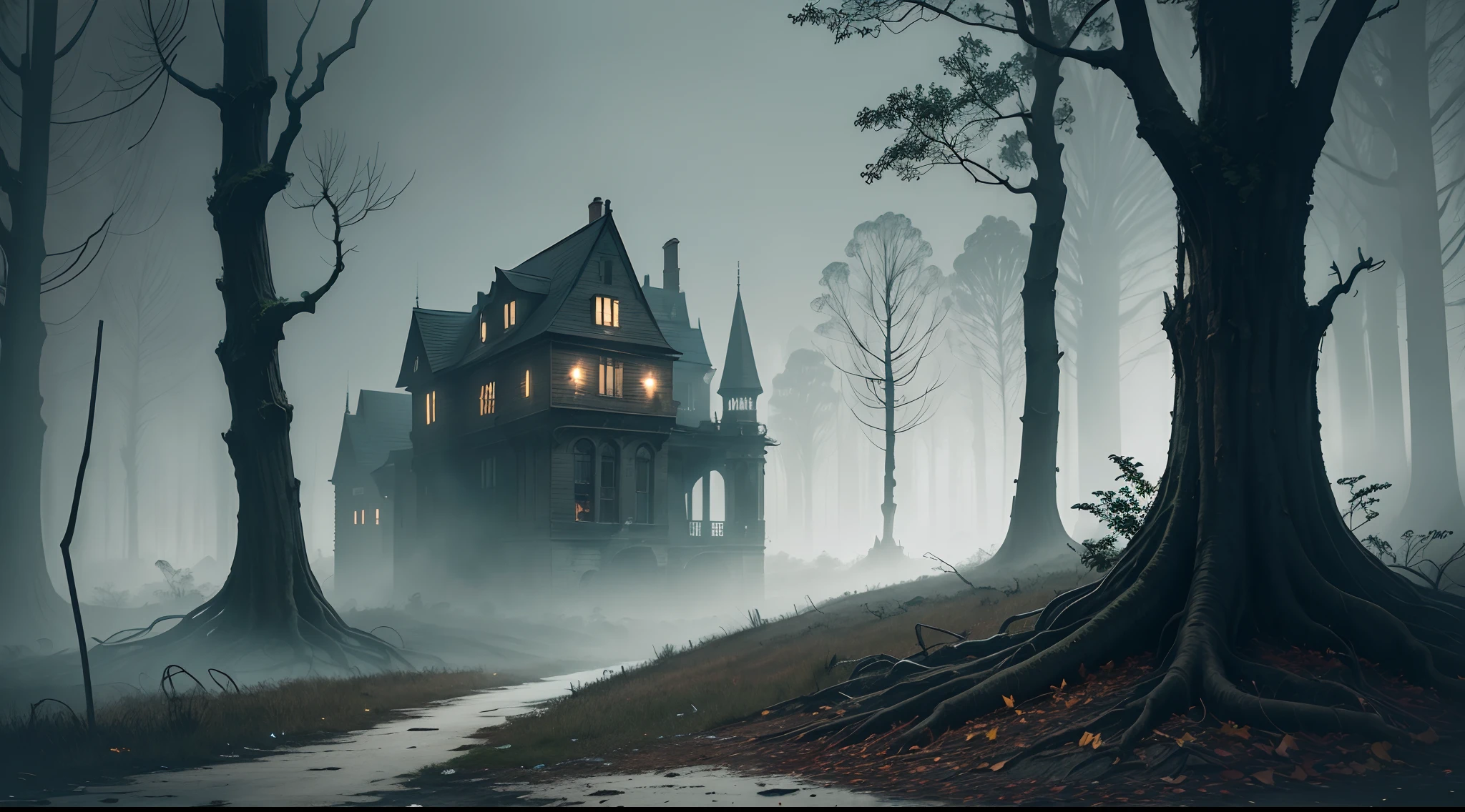 (gloomy,terrifying,haunting:1.3) city resembling 1800s London has (thick, dense, heavy, swirling) fog and darkness during nighttime. The atmosphere is (ominous, unsettling, eerie) and (oppressive, suffocating), with an (uneasy, unsettling) air. It is located next to a (dense, dark, mysterious) forest. The city is characterized by (narrow, winding, dimly lit) streets, (dilapidated, crumbling) buildings, and (shadowy, looming) figures. The buildings are made of (aged, weathered) brick and stone, showcasing the (gothic, Victorian) architecture. The fog engulfs the streets, making it difficult to see more than a few meters ahead. The eerie silence is occasionally broken by the distant hooting of an owl or the (creaking, groaning) of old structures. The forest exudes an aura of mystery and danger, with (twisted, gnarled) trees and (overgrown, tangled) vegetation. The dense foliage casts (sinister, elongated) shadows, adding to the eerie ambiance. The moonlight peeks through gaps in the tree canopy, casting an eerie glow on the forest floor. The color palette of the city is (dark, somber, muted), dominated by shades of gray, black, and deep purple. The lighting is dim, with (flickering, dimly lit) gas lamps lining the streets. The occasional (flashes, bursts) of lightning illuminate the sky, briefly revealing the desolate cityscape and the foreboding forest beyond.