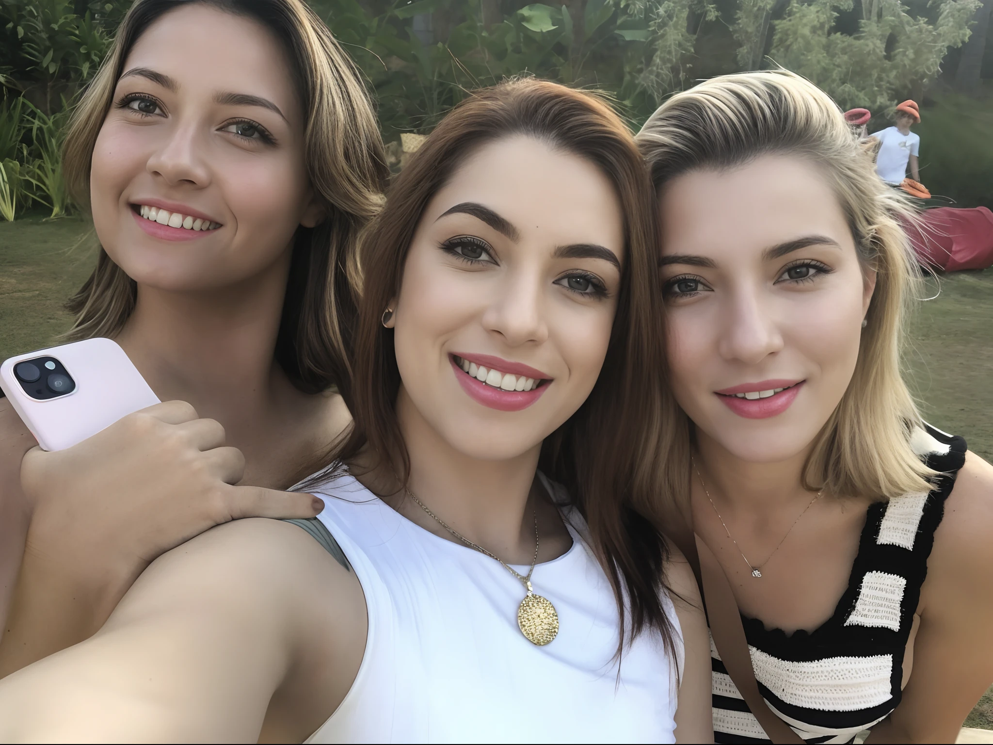 Three women taking selfie with cell phone in park, 3 mulheres jovens e bonitas, sorriso perfeito, lindo sorriso, Beautiful young girls smiling, Directed by: Nandor Soldier, Rostos bonitos, imagem de perfil, mulheres bonitas, Three women smiling, iphone selfie, selfie do instagram, foto selfie, 1614572159, Rostos lindos, Ayahausca