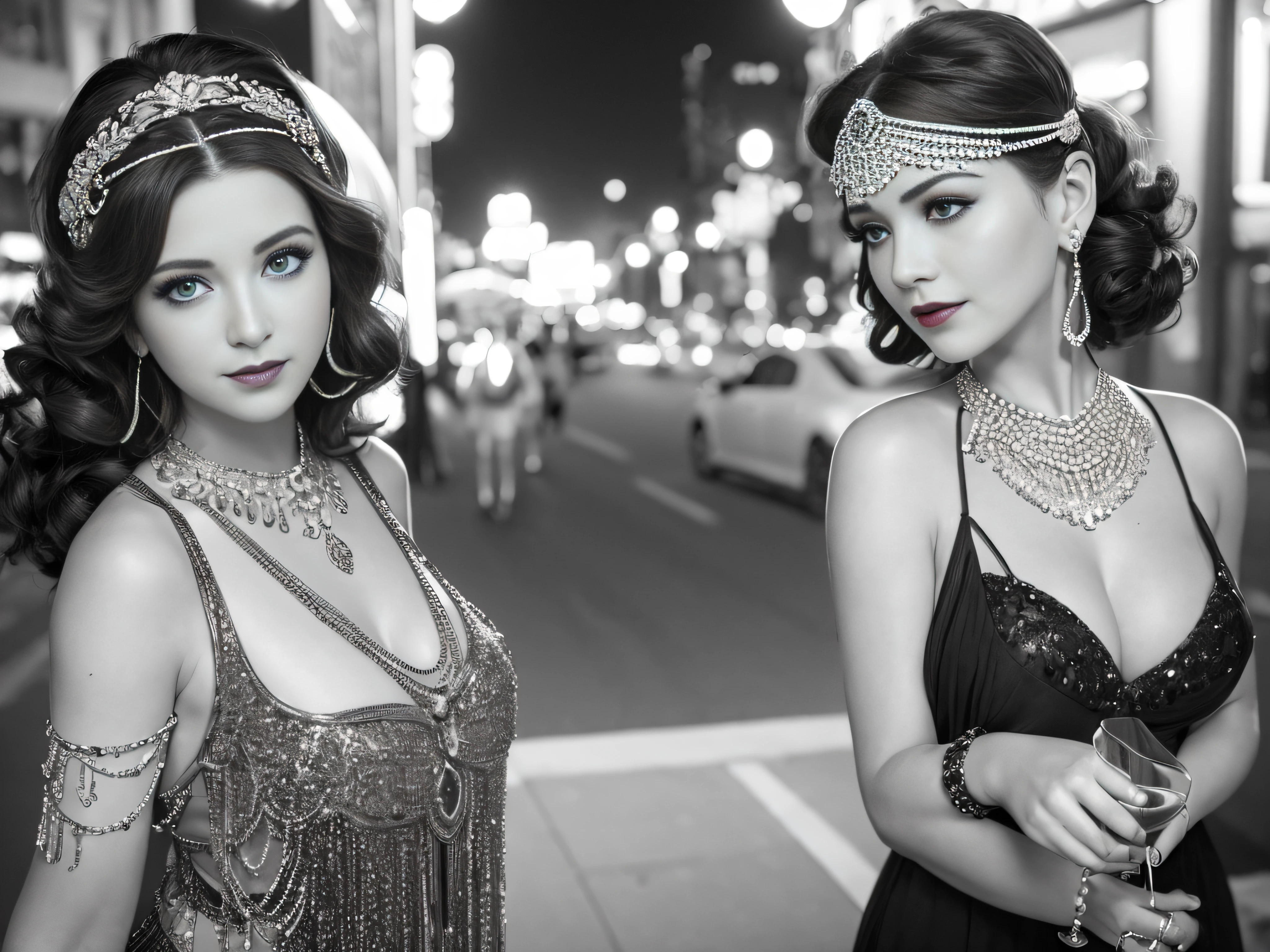 (best quality,4k,8k,highres,masterpiece:1.2),ultra-detailed,(realistic,photorealistic,photo-realistic:1.37),1920s,flapper girl,large breast,standing,1920's Ford 4 door car,vibrant colors,soft lighting,roaring twenties fashion,detailed facial features,long curly hair,glistening eyes,red lipstick,feathered headband,bejeweled necklace and earrings,sequined dress,embellished with fringe and beads,smoky atmosphere,strong contrast,retro style,classic black and white,twin headlights shining,chrome details reflecting,gleaming vintage finish,ornate grille,exquisite craftsmanship,vintage scenery,city backdrop,palm trees lining the streets,moonlit night,sparkling stars,joyous expression,confident stance,nostalgic ambiance,glamorous aura.