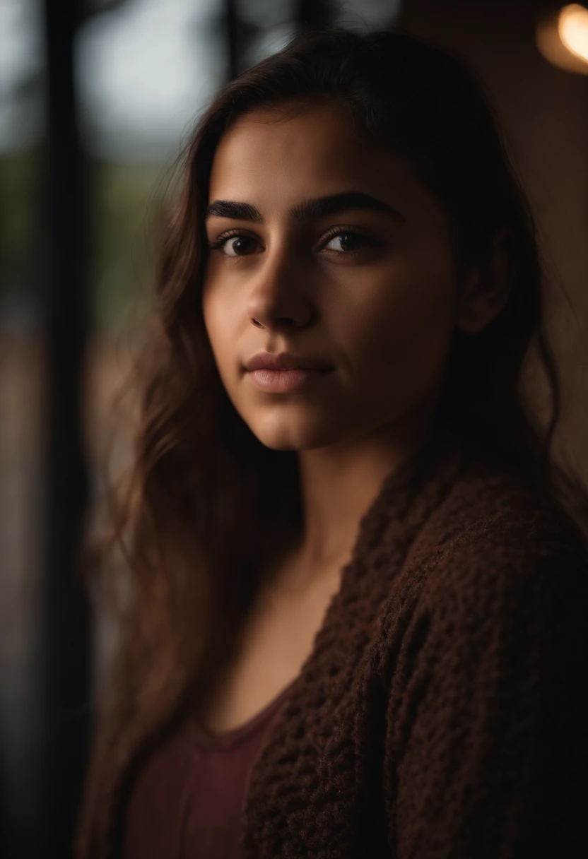 portrait of a 19-year-old girl, Mexican, beautiful, natural, no makeup, brown hair, social media model, good lighting, clear face