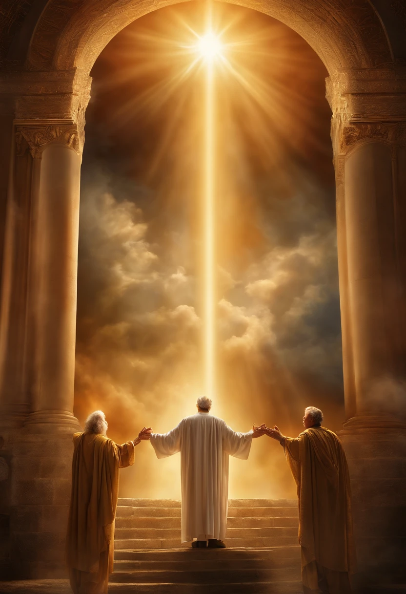 Crie uma imagem realista , where an older man is raptured to heaven and finds the throne of God. the image needs to reflect the passage in the Bible where Paul describes his rapture.