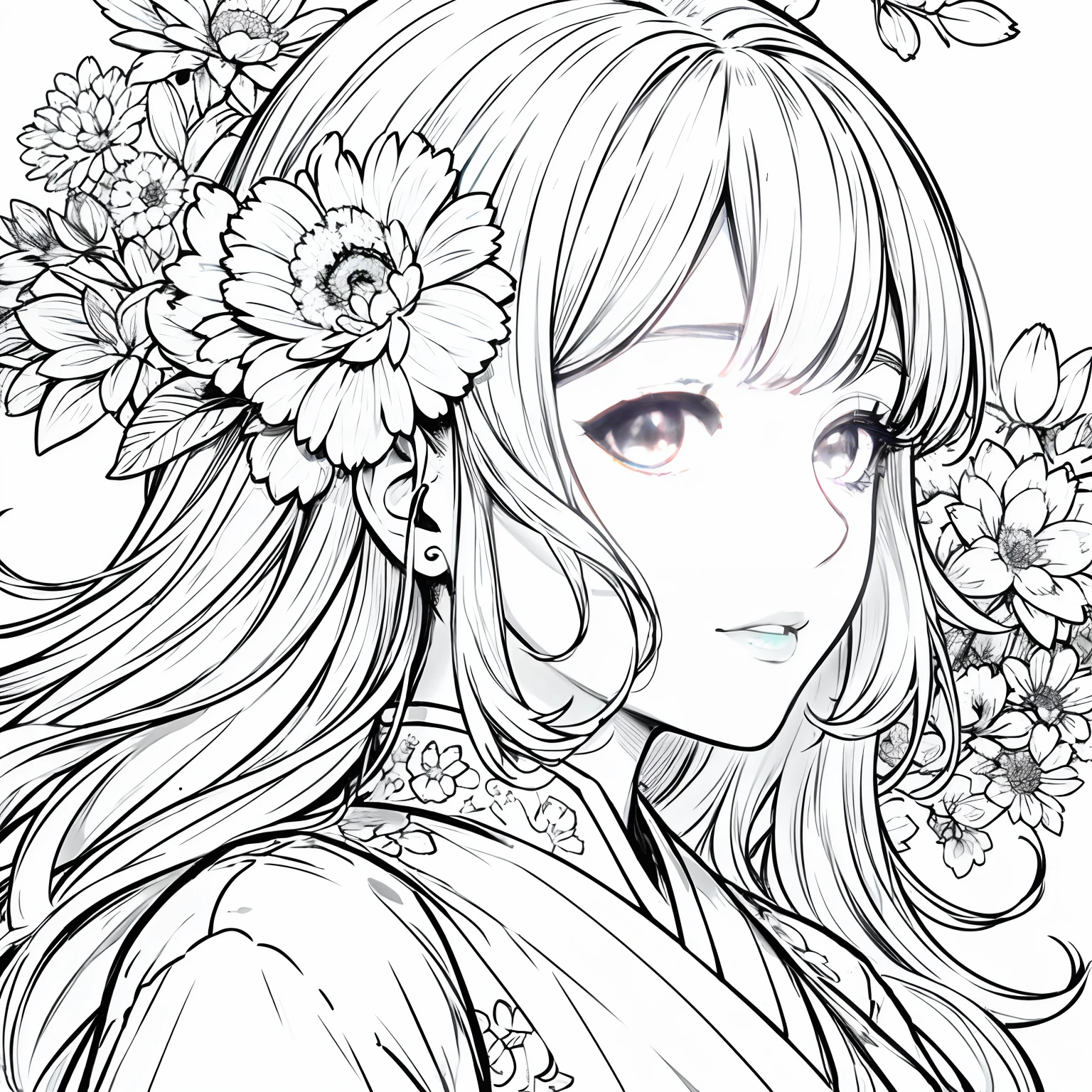 tmasterpiece, Acura, doll, seulement, Hanfu, cheveux longs, Perfil gros plan, Flower line drawing background, fond blanc, monocromatique, dessin au trait, ((SketchFab))tmasterpiece, beste-Qualit, Aventures magiques monochromes, dans le ciel