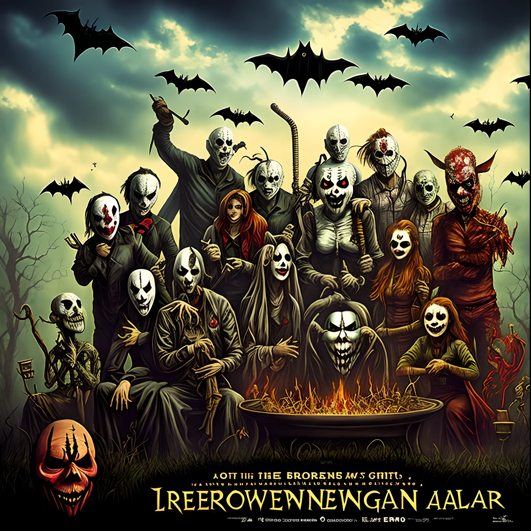 The poster features a cartoon version of Michael Myers, Freddy Krueger, Jason Voorhees, Ghostface, Leatherface, Pennywise, Jigsaw, Pinhead, Chucky, Samara Morgan, and Candyman. They are all gathered around a cauldron, with Belzebu, Elvira, and Morticia Addams standing behind them. The sky is dark and stormy, and bats are flying overhead. The text at the top of the poster reads "Renoween: the bloody party