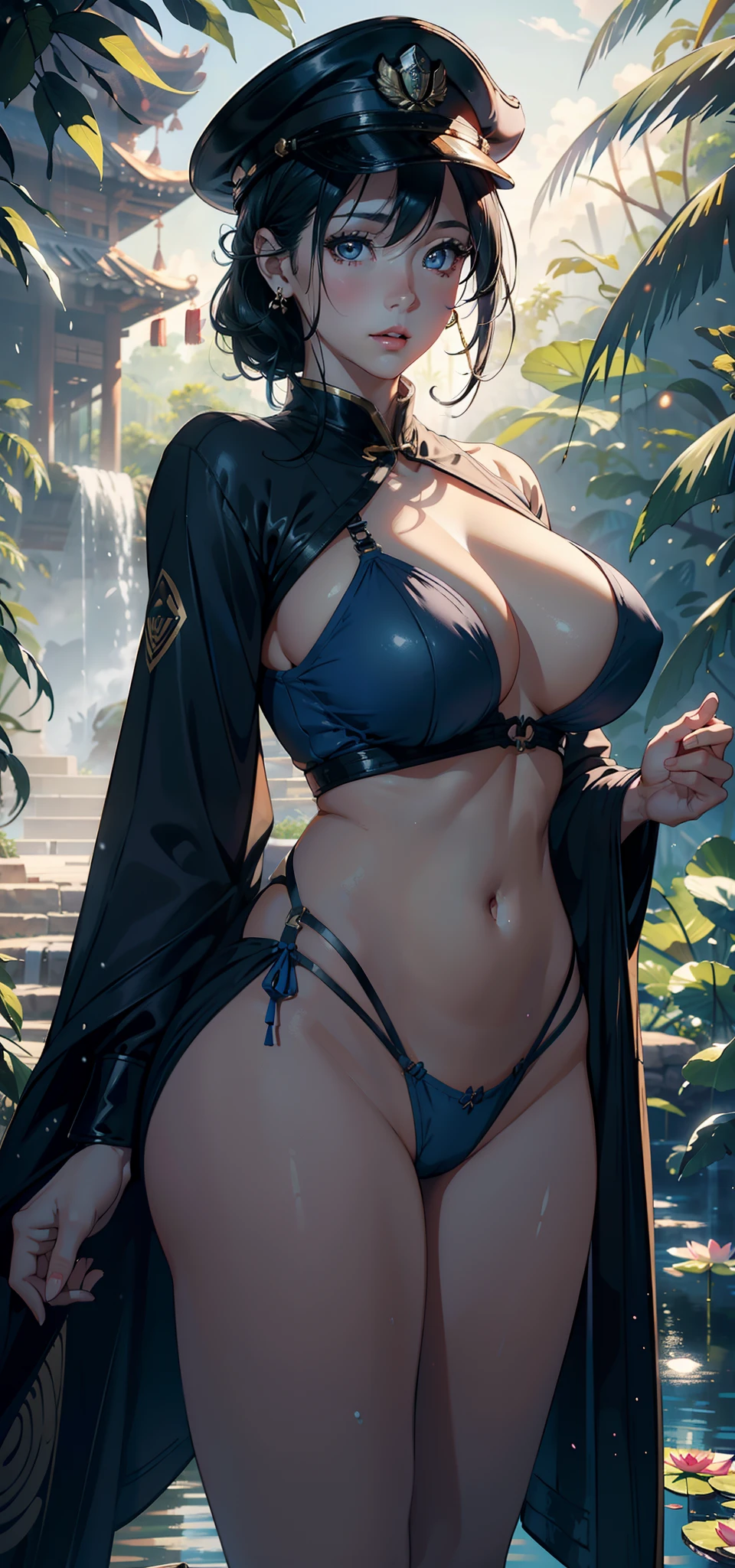 1female，45 yers old，Married Woman，熟妇，mature，plumw，extremely large bosom，Big breasts Thin waist，long leges， 独奏，（Background with：，pyramid，the rainforest，lotus flower，ponds） She has short black hair，bobo head，，seen from the front， standing in forest， mostly cloudy sky，（（（tmasterpiece），（Very detailed CG unity 8K wallpaper），best qualtiy，cinmatic lighting，detailed back ground，beatiful detailed eyes，Bright pupils，Black eyes，Snow-whiteskin，Redlip（Very fine and beautiful），（Beautiful and detailed eye description），ultra - detailed，tmasterpiece，））facing at camera，A high resolution，ultra - detailed），revealing breasts，Bare genitalia，  Bulge，legs are open，Raised sexy，Camel toes，Flushed complexion，Desire for dissatisfaction，frontage，Chinese Navy（Wearing：military hat，Blue military uniform）
