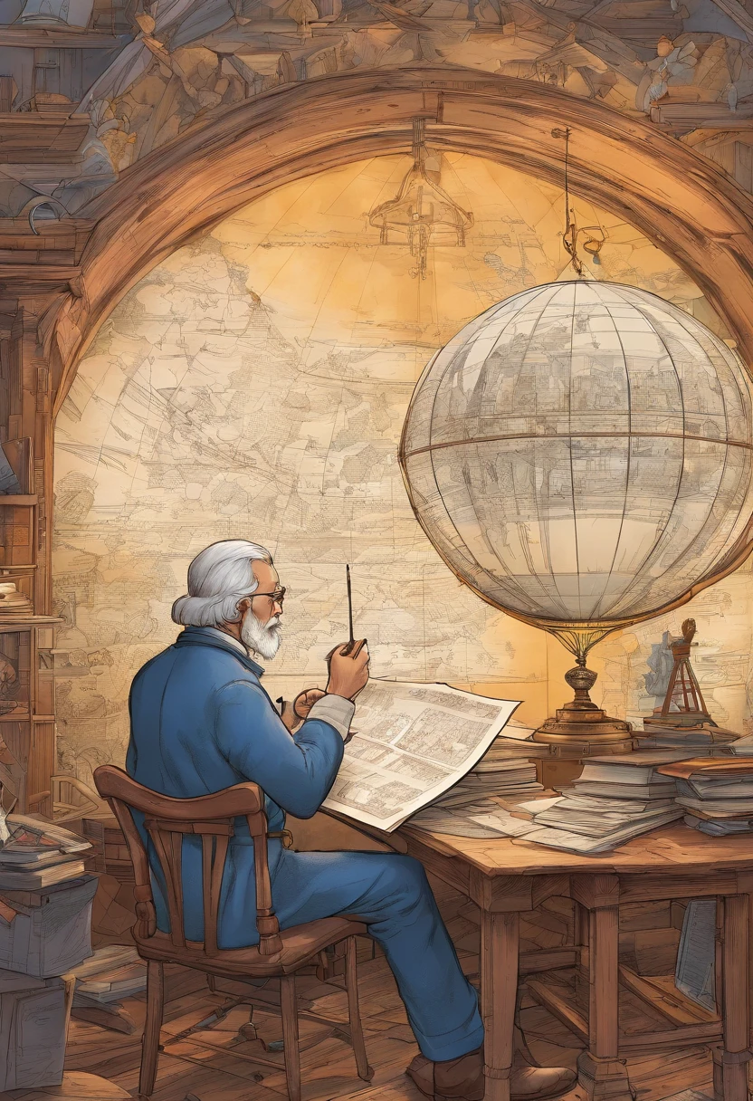 An engineer drawing a plan of a hot air baloon on paper, an old medieval man weaing glasses drawing the plans of a hot air baloon, the lines in the plan are the hot air baloon to exteme details, it is painted paper, with pencil, medival study room background, high details, best quality, 16k, [ultra detailed], masterpiece, best quality, (ultra detailed), full body, ultra wide shot, photorealism 3d rendering