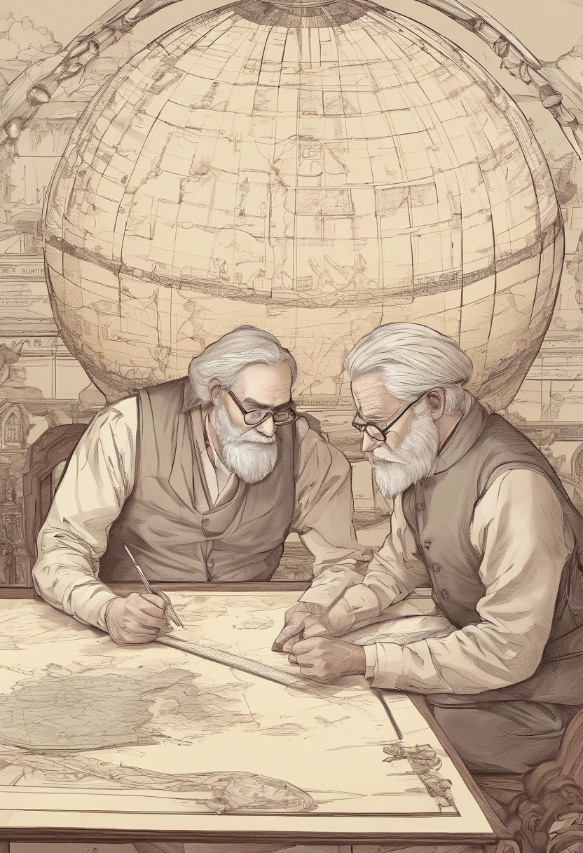 An engineer drawing a plan of a hot air baloon on paper, an old medieval man weaing glasses drawing the plans of a hot air baloon, the lines in the plan are the hot air baloon to exteme details, it is painted paper, with pencil, medival study room background, high details, best quality, 16k, [ultra detailed], masterpiece, best quality, (ultra detailed), full body, ultra wide shot, photorealism 3d rendering