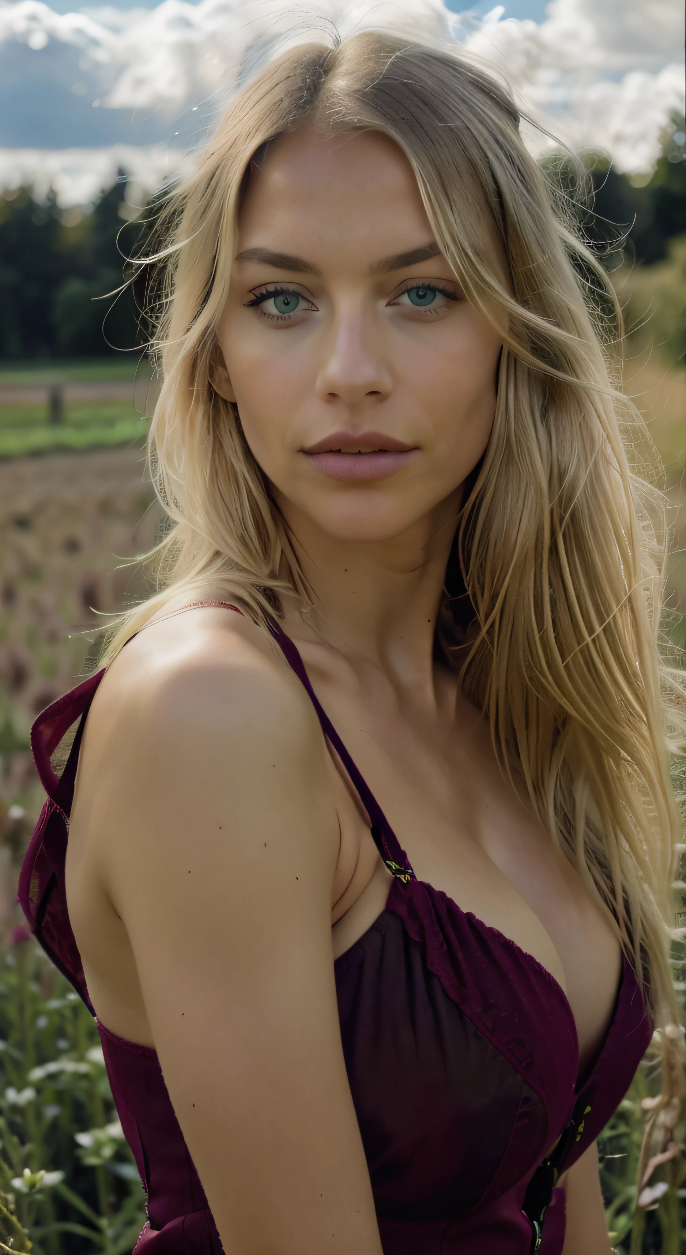 (Helena Lovista) photo of a stunning beautiful woman, 24 years old, perfect fit body, big green eyes, long messy windy blonde hair, green eyes, blonde hair, (realistic:1.3), finely detailed, quality, rembrandt lighting, (masterpiece:1.2), (photorealistic:1.2), (best quality), (detailed skin:1.3), (intricate details), dramatic, ray tracing, 1girl, american white girl, blonde hair, 24 years old, medium breasts, (Meadow, Sun, Clouds, Field, Farming, Starlight, Walking trail), bright red dress, (Nick Knight, Peter Lindbergh style)
