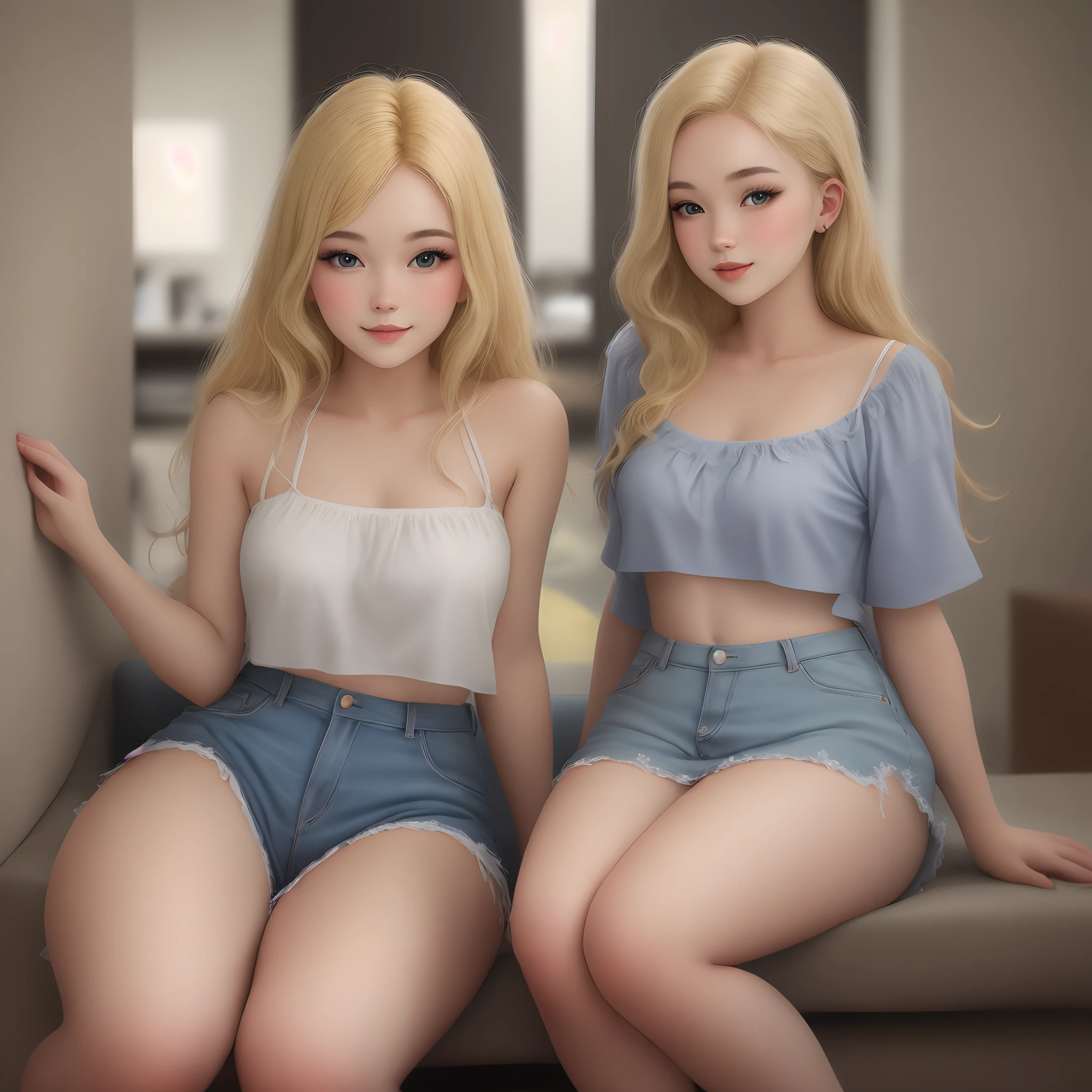 2 girls, samus aran and Princess Peach, blonde hair, blue eyes, (frilly), gentle, gentle light, soft, soft light, delicate, jewelry, small breasts, ((naked, frilly thighhighs)), sweet, vagina, cum, dripping, dripping cum, cuddling, happy