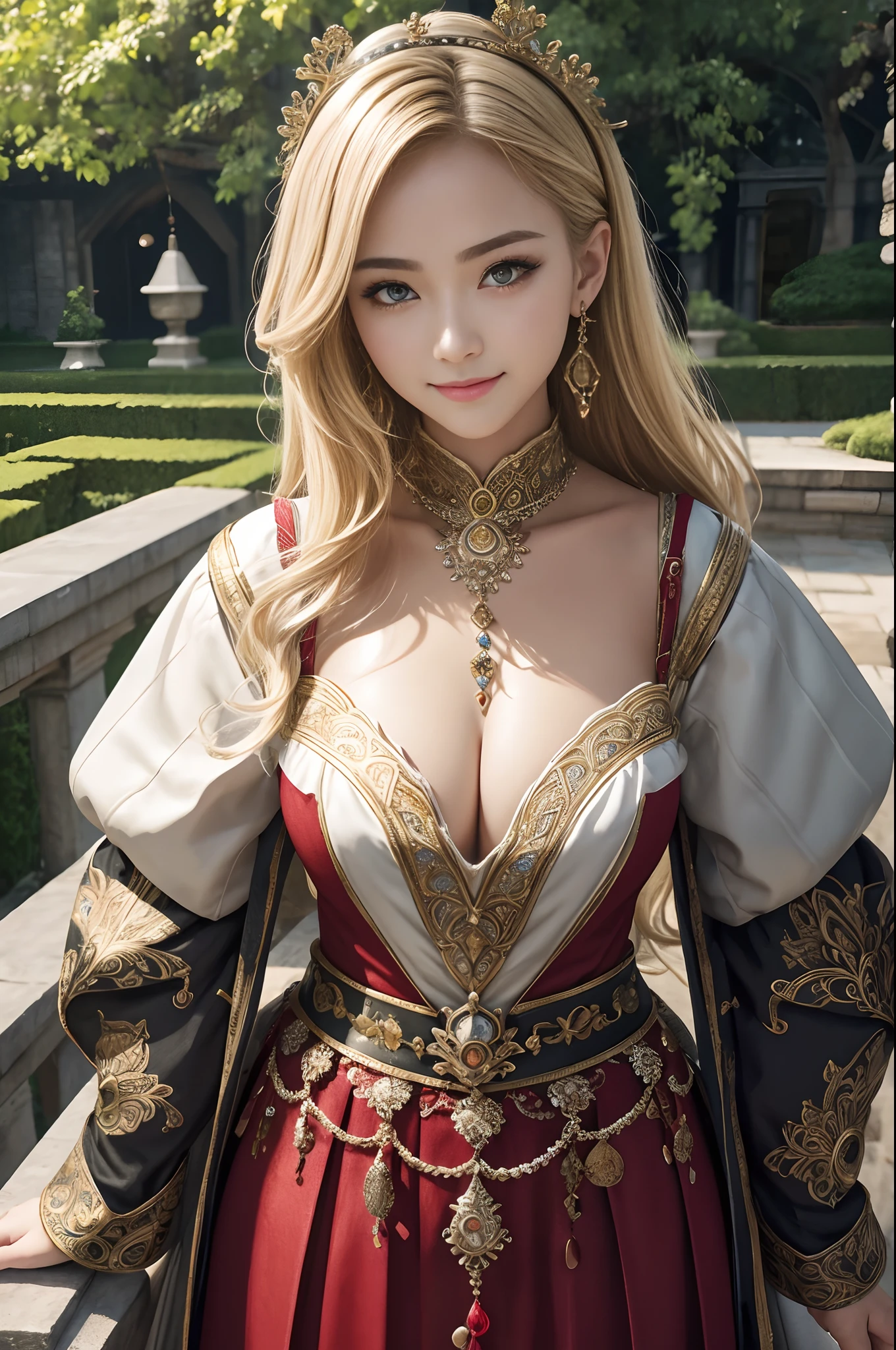(dark shot:1.1)Mature Holy Knight's Full Body,Busty sexy holy knight chest armor(absurderes、hight resolution、The ultra-detailliert)、One woman's whole body、Red and white female Holy Knight armor,Mature princess with big、Luxurious black and gold trousers、Blonde short bob、Mature woman with thin big、blue eyess、long-sleeve、finely eye and detailed face、intricate detailes、BREAK Mosaic Art、small pieces、colorful tesserae、complex pattern、Tiled design、durable surfaces、Old-fashioned technique BREAK macro photography、extreme close - up、intricate detailes、Enlarged texture、stunning clarity、Hidden beauty、Immersive perspective breaks、artisanal creations、Handmade products、unique designs、intricate detailes、Creative expression、skilled craftsmanship、魅惑的、enticing、English Garden、a smile、