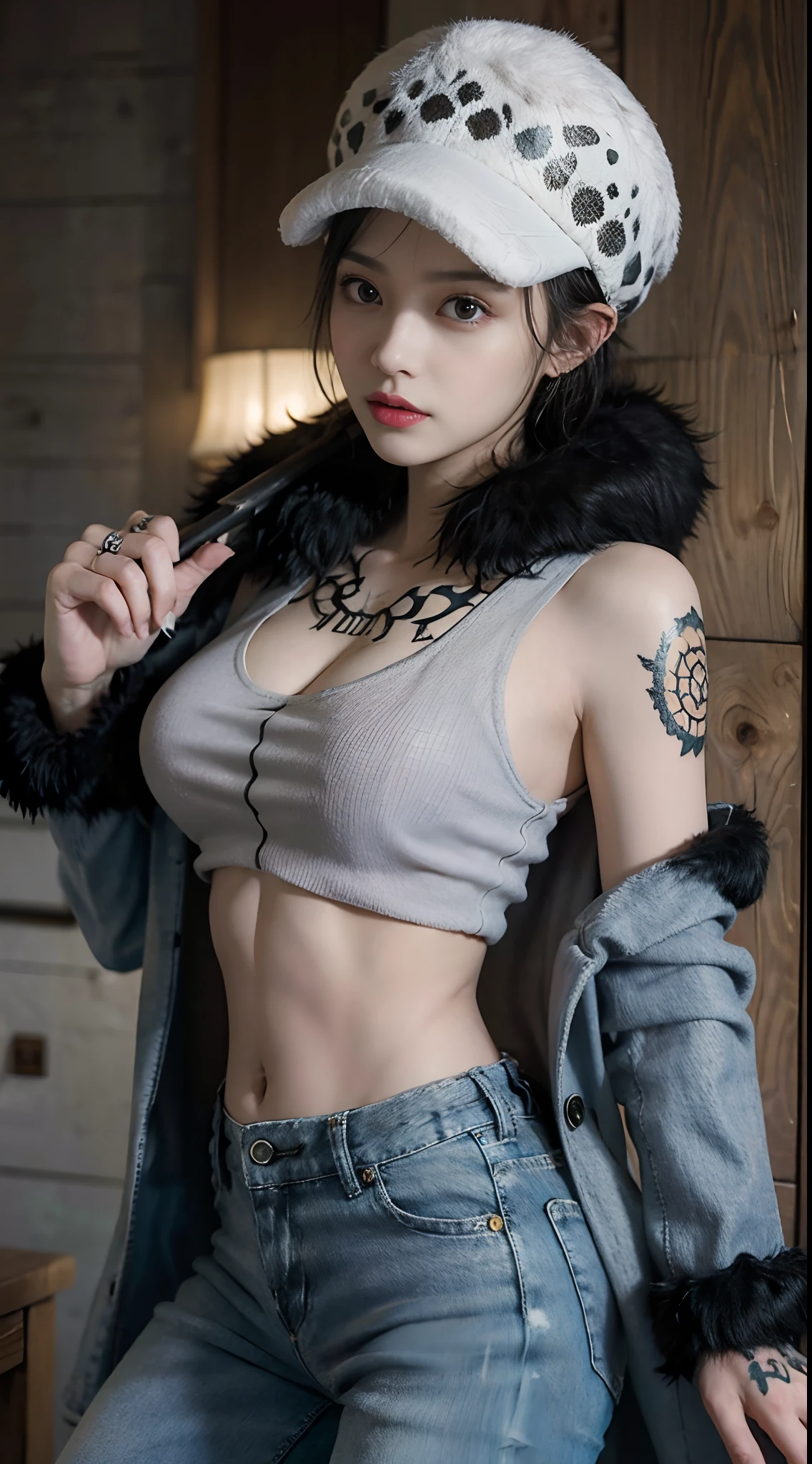 masterpiece, best quality, 8k,highestres, absurdres, extremely detailed, female trafalgar law, 1girl, 1sword, solo, looking at viewer, short hair, medium breasts, hat, navel, cleavage, collarbone, earrings, midriff, pants, coat, fur trim, denim, jeans, shoulder tattoo, hand tattoo, finger tattoo, black fur-trimmed coat, coat on shoulders, yellow tank top,///,