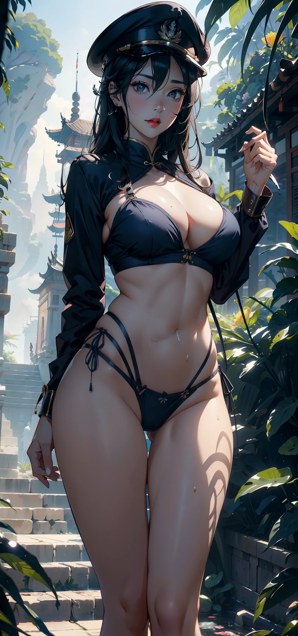 1female,45 yers old,Married Woman,熟妇,mature,plumw,extremely large bosom,Big breasts Thin waist,long leges, 独奏,(Background with:,pyramid,the rainforest,lotus flower,ponds) She has short black hair,bobo head,,seen from the front, standing in forest, mostly cloudy sky,(((tmasterpiece),(Very detailed CG unity 8K wallpaper),best qualtiy,cinmatic lighting,detailed back ground,beatiful detailed eyes,Bright pupils,Black eyes,Snow-whiteskin,Redlip(Very fine and beautiful),(Beautiful and detailed eye description),ultra - detailed,tmasterpiece,))facing at camera,A high resolution,ultra - detailed),revealing breasts,Bare genitalia, Bulge,legs are open,Raised sexy,Camel toes,Flushed complexion,Desire for dissatisfaction,frontage,Chinese Navy(Wearing:military hat,Blue military uniform)