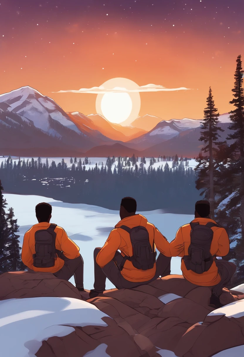3 black teenagers with guns seen from shore, mountainous adventure scenery, cartoon, snow on mountain peak, dusk, starry sky, orange sky