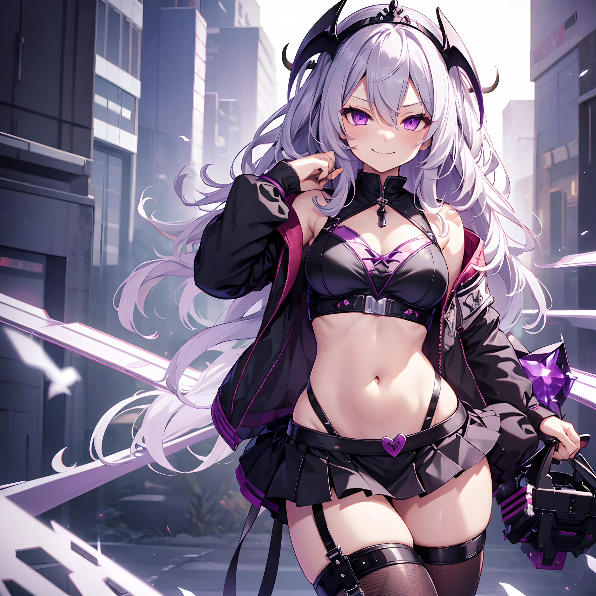 Best quality, 8k, 1 girl, succubus, wings, solo,  girl, silver hair, long wavy hair, purple eyes, hair between eyes, small breasts, crop_top, jacket, mini skirt, black legwear, sassy child, light smile, smirk, tiara headwear