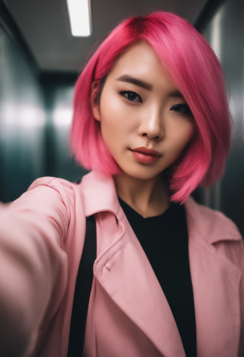 Pink hair asian girl making selfie in the elevator