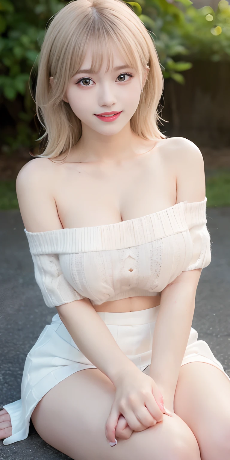 masutepiece, Best Quality,
Ultra-detailed, finely detail, hight resolution, in 8K,
((Photorealsitic:1.4, Raw photography, 超A high resolution,Top image quality: 1.4)),
Wallpaper,
((Perfect whole body configuration1.5)),
((Beautiful detailed eyes, Natural Color Lip、Clean face、Gaze staring at the camera、Lashes、big eye、Distinct double eyelids、Tear mole、glowy skin、Clean skin quality、lipgloss)),
((A big smile:1.5)),
((Random cute blonde hairstyles)),
((White off-shoulder knit lowered to the chest:1.5)),
((Random Color Micro Mini Skirt:1.5)),((Slightly larger breast size、cleavage of the breast:1.2)),
((((Slouch greatly:1.5)))),
((sitting cross-legs:1.5)),
((breastsout、under look eyes、Mole on the arm:1.6)),
((from the front side)),
((Random blurry background)),
((Random and cute facial expressions:1.5)),,
((((1人の女性:1.5))))
very detailed and professional lighting、
((thigh visible:1.5))