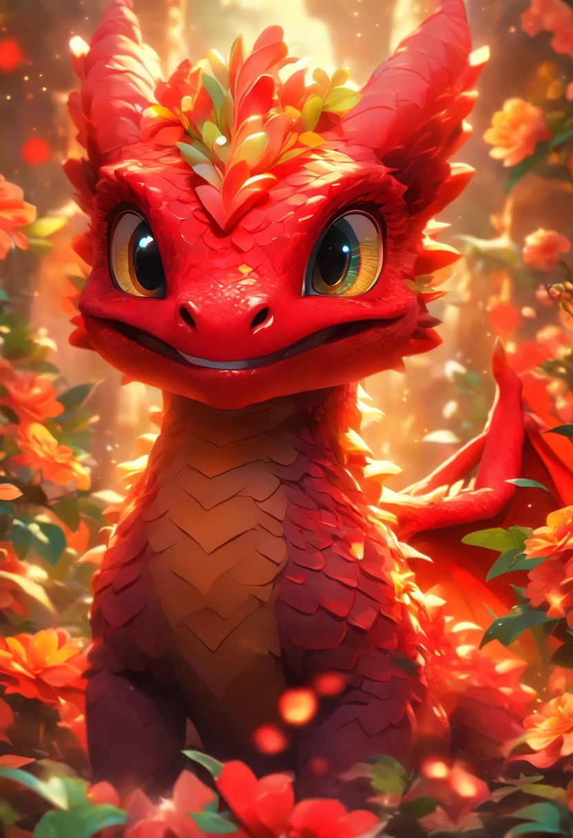 A dragon of nature, flores que crescem pelas costas, Hand Wings, chifres de flores, fundo da natureza, vermelho