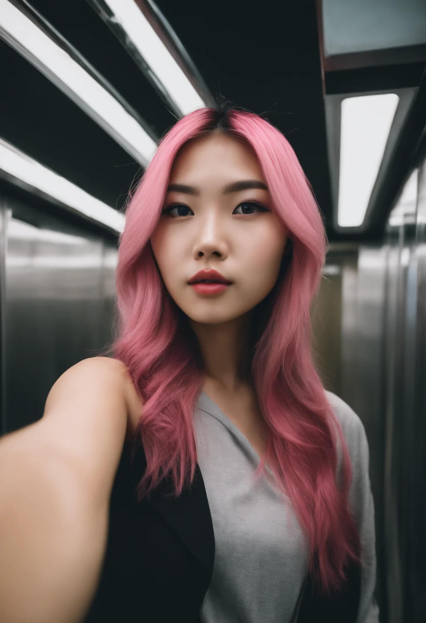 Pink hair asian girl making selfie in the elevator, young , long hair