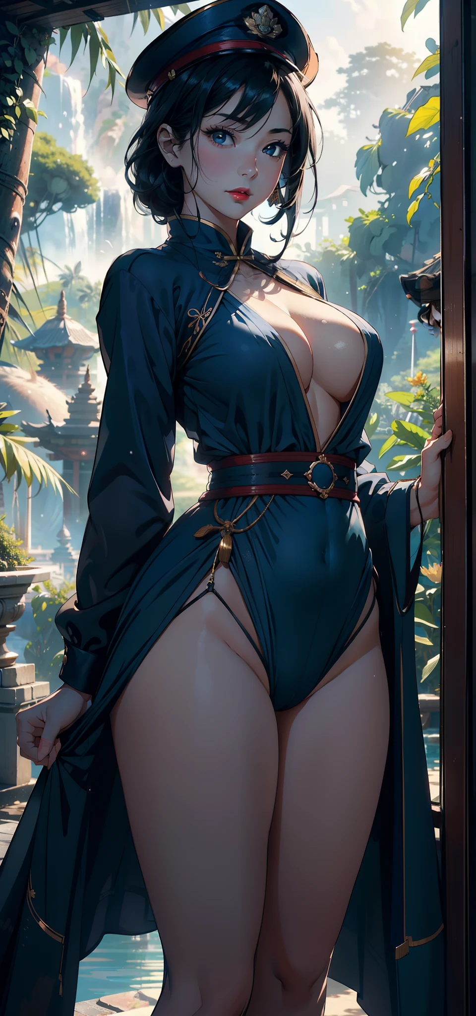 1female,45 yers old,Married Woman,熟妇,mature,plumw,extremely large bosom,Big breasts Thin waist,long leges, 独奏,(Background with:,pyramid,the rainforest,lotus flower,ponds) She has short black hair,bobo head,,seen from the front, standing in forest, mostly cloudy sky,(((tmasterpiece),(Very detailed CG unity 8K wallpaper),best qualtiy,cinmatic lighting,detailed back ground,beatiful detailed eyes,Bright pupils,Black eyes,Snow-whiteskin,Redlip(Very fine and beautiful),(Beautiful and detailed eye description),ultra - detailed,tmasterpiece,))facing at camera,A high resolution,ultra - detailed),revealing breasts,Bare genitalia, Bulge,legs are open,Raised sexy,Camel toes,Flushed complexion,Desire for dissatisfaction,frontage,Chinese Navy(Wearing:military hat,Blue military uniform)
