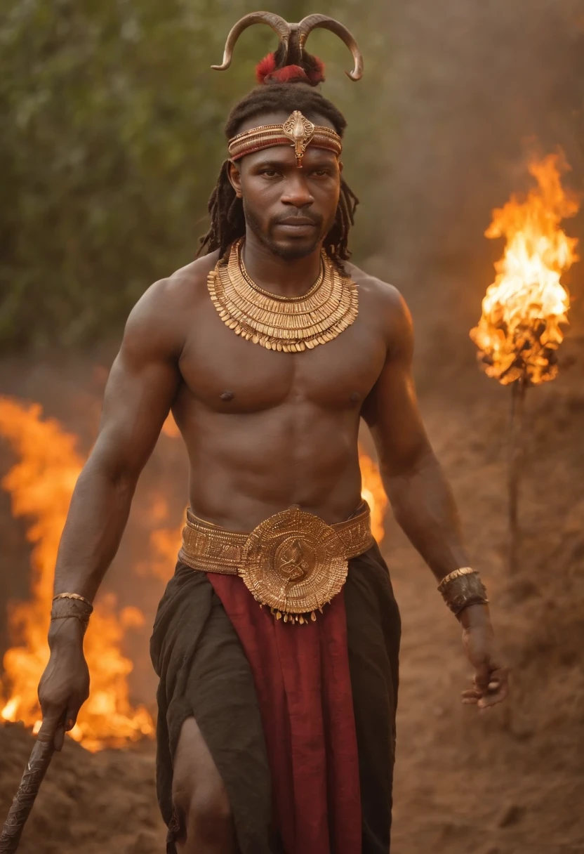 Create a cinematic image of a tall, homem forte, de pele negra, vestindo um terno preto com sobretudo e cartola. In his hand he holds a trident, The environment is surrounded by fire and smoke. Ele tem um sorriso malicioso no rosto, And your eyes are full of mystery. Os detalhes da imagem devem ser realistas, but they should also have a touch of fantasy. A imagem deve ser cativante e intrigante, and it must convey the energy and strength of an African god. Riqueza de detalhes no rosto, boca e olhos. criar uma imagem ultra realista que captura a personalidade, lighting dramatic, ....3d, 8k, VFX, 9:16