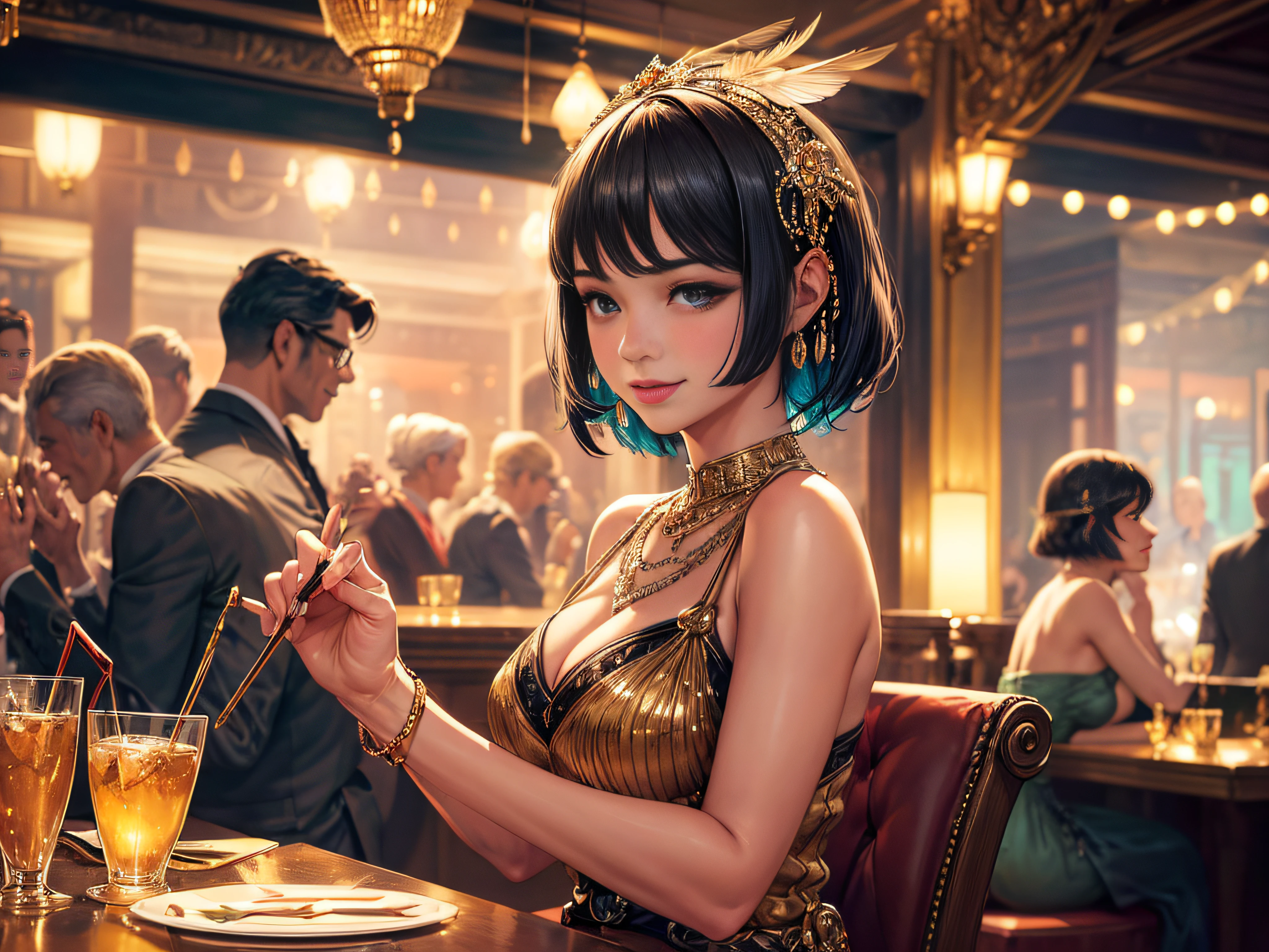 (best quality,4k,highres,ultra-detailed:1.2),vibrant colors,realistic,
portrait,1920s flapper girl,clothes of the era,swing,above a bar,sparkling lights,crowded room,energetic music,joie de vivre,smoky atmosphere,endless celebration,stylish dance moves,feathers and fringe,elaborate headpiece,moving gracefully,expressive eyes and lips,confident posture,captivating smile,socializing with friends,effortless charm,swinging with elegance,nostalgic ambiance,glamorous setting,art deco decor,classic cocktails,clinking glasses,happy laughter,free spirit,luxurious lifestyle,digital illustration