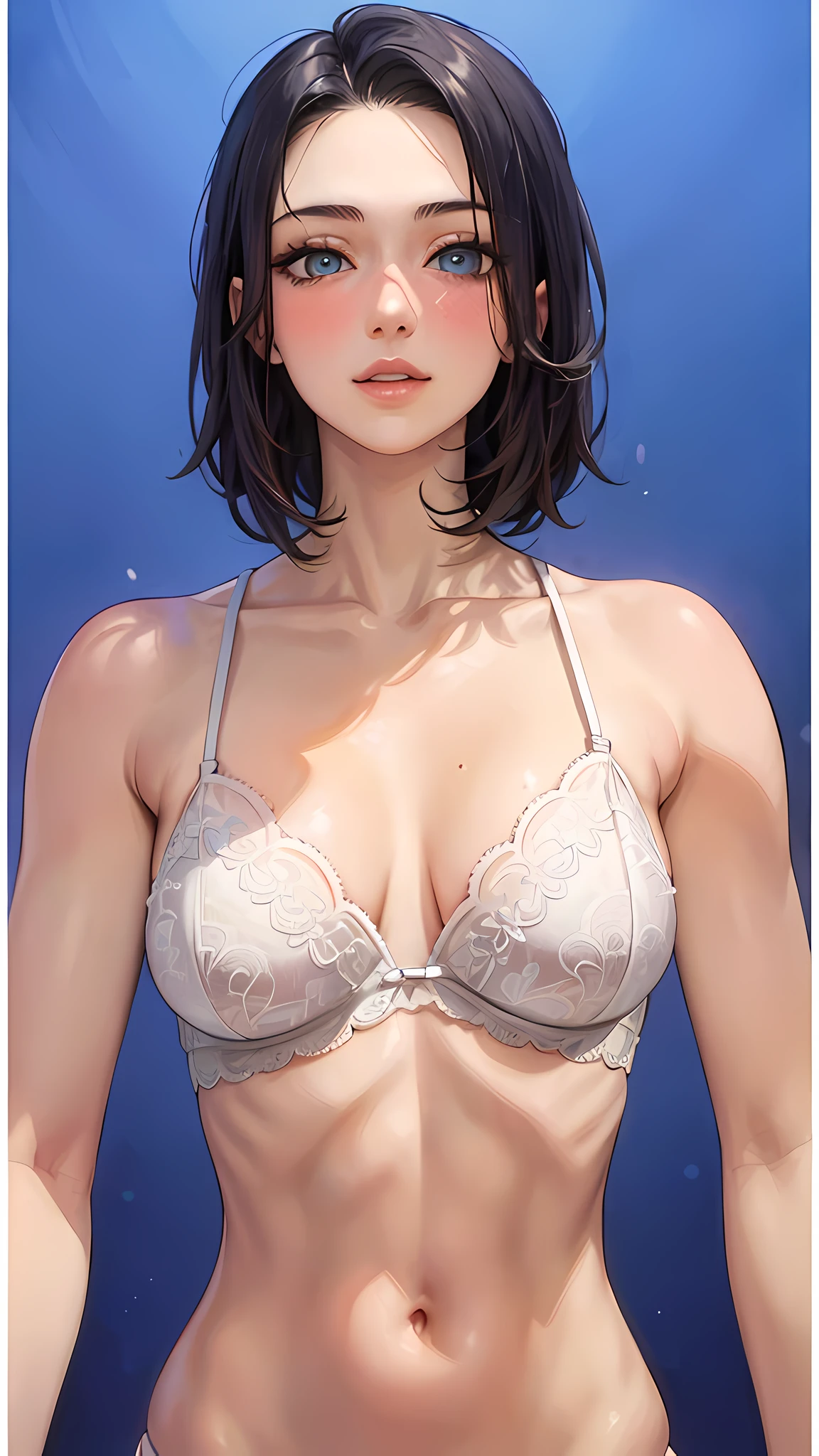 masterpiece, best quality, high resolution)))), (1girl:1.5), (large breasts: 1.2), cleavage, black hair, bob cut, blue eyes, blushing, light smile, parted lips, glow, thighs, bare shoulders, collarbone, narrow waist, wide hips, (beautiful detailed face, beautiful detailed eyes), long slender thighs, perfect eyes, sultry_pose, cowboy shot, (perfect fingers), white lace lingerie