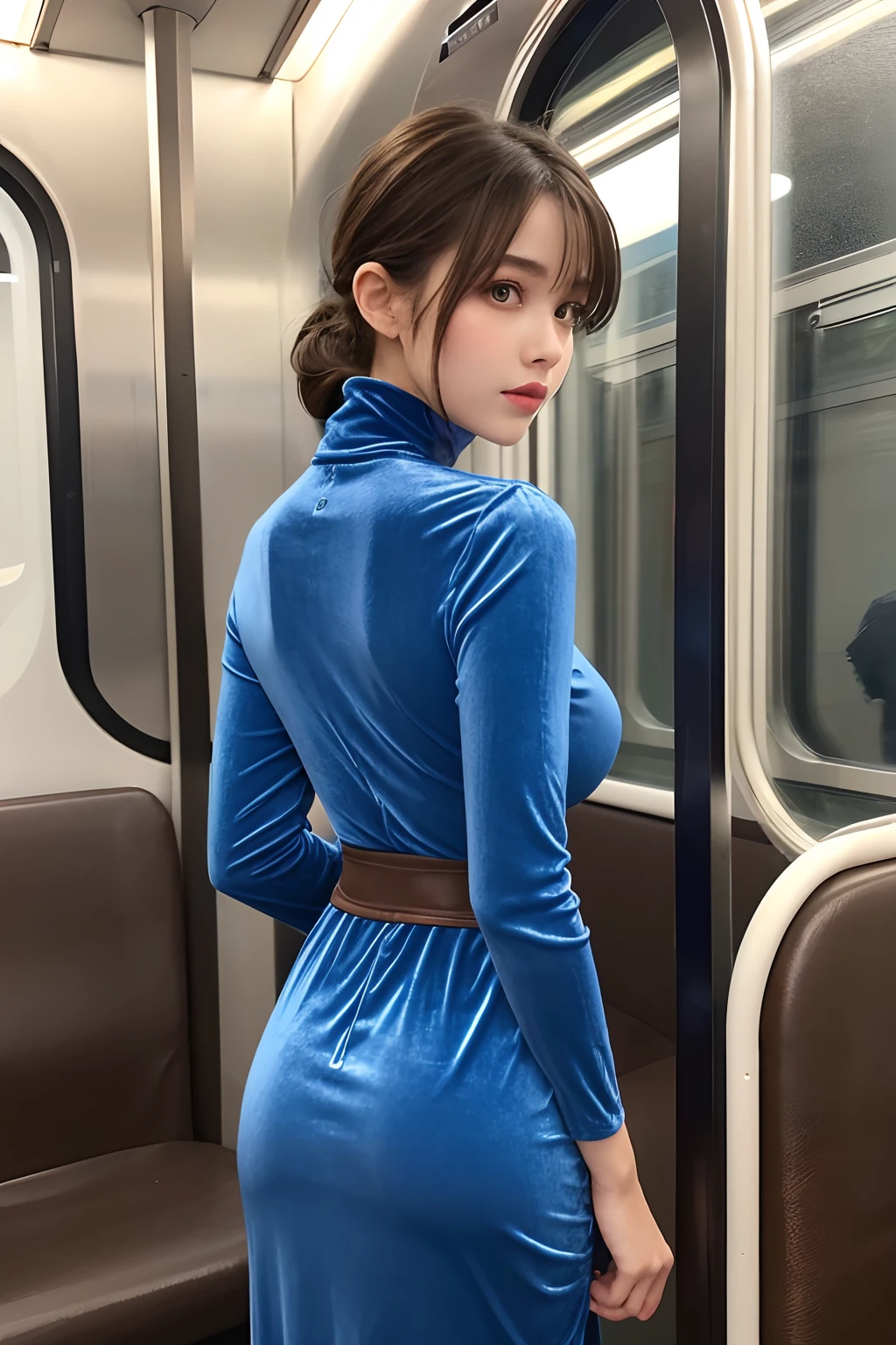 Portrait of a Surrealist woman by David Hockney and Alphonse Mucha、Fantasyart、photorealisim、动态照明、art stations、Volumetric lighting、extra detailed face、4K、Award-winning、Unobtrusive、(Shirt fully open to see )、short-hair、huge flabby huge chest、large chest with flabby、abnormally developed breasts、full body Esbian、the city street、Empty-handed、Standing dynamic pose、