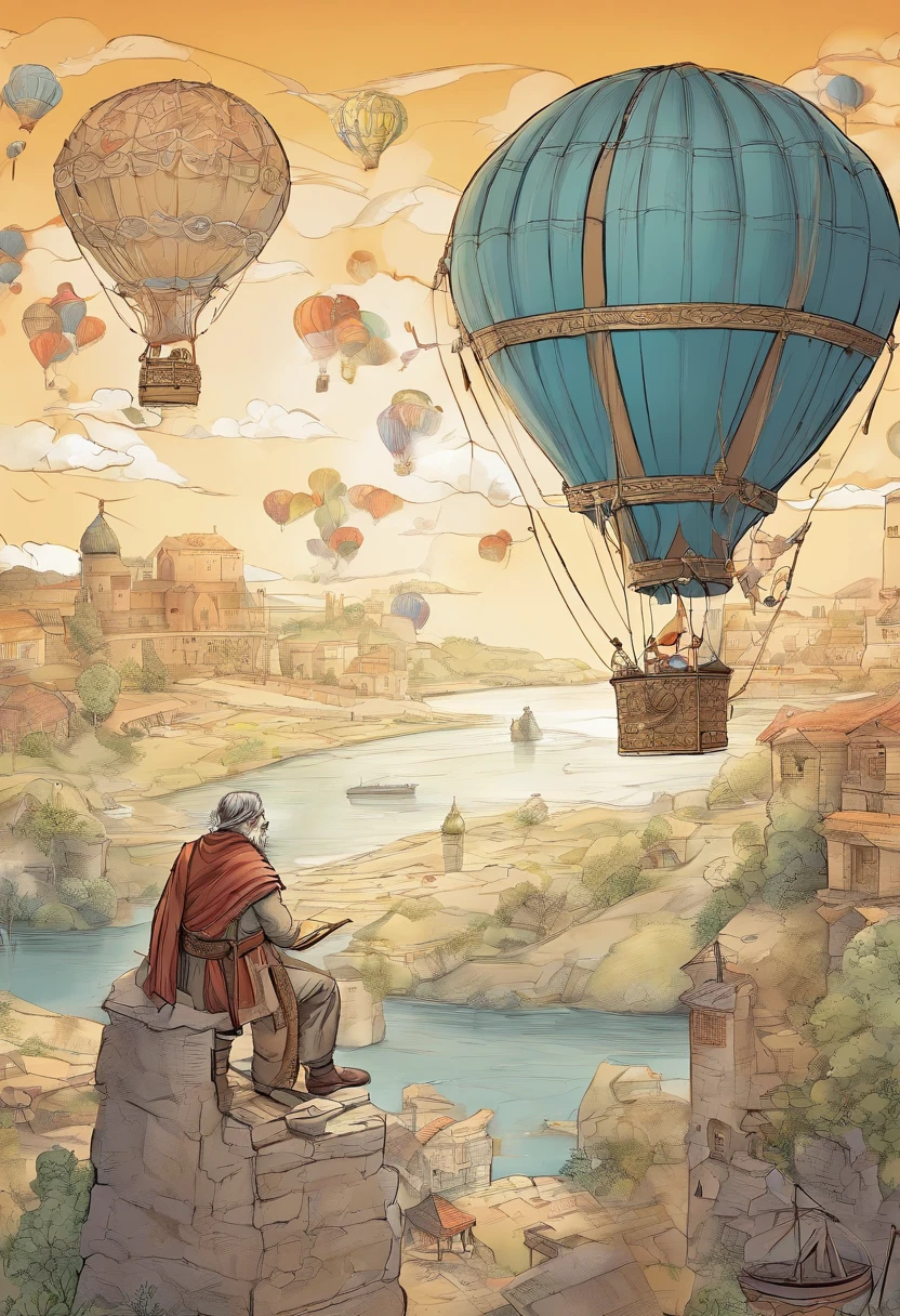An medieval engineer drawing a plan of a hot air baloon on paper, an old medieval man weaing glasses drawing the plans of a (hot air baloon: 1.5) the lines in the plan are the hot air baloon to exteme details, it is painted paper, with pencil, medival study room background, high details, best quality, 16k, [ultra detailed], masterpiece, best quality, (ultra detailed), full body, ultra wide shot, photorealism 3d rendering 3DMM