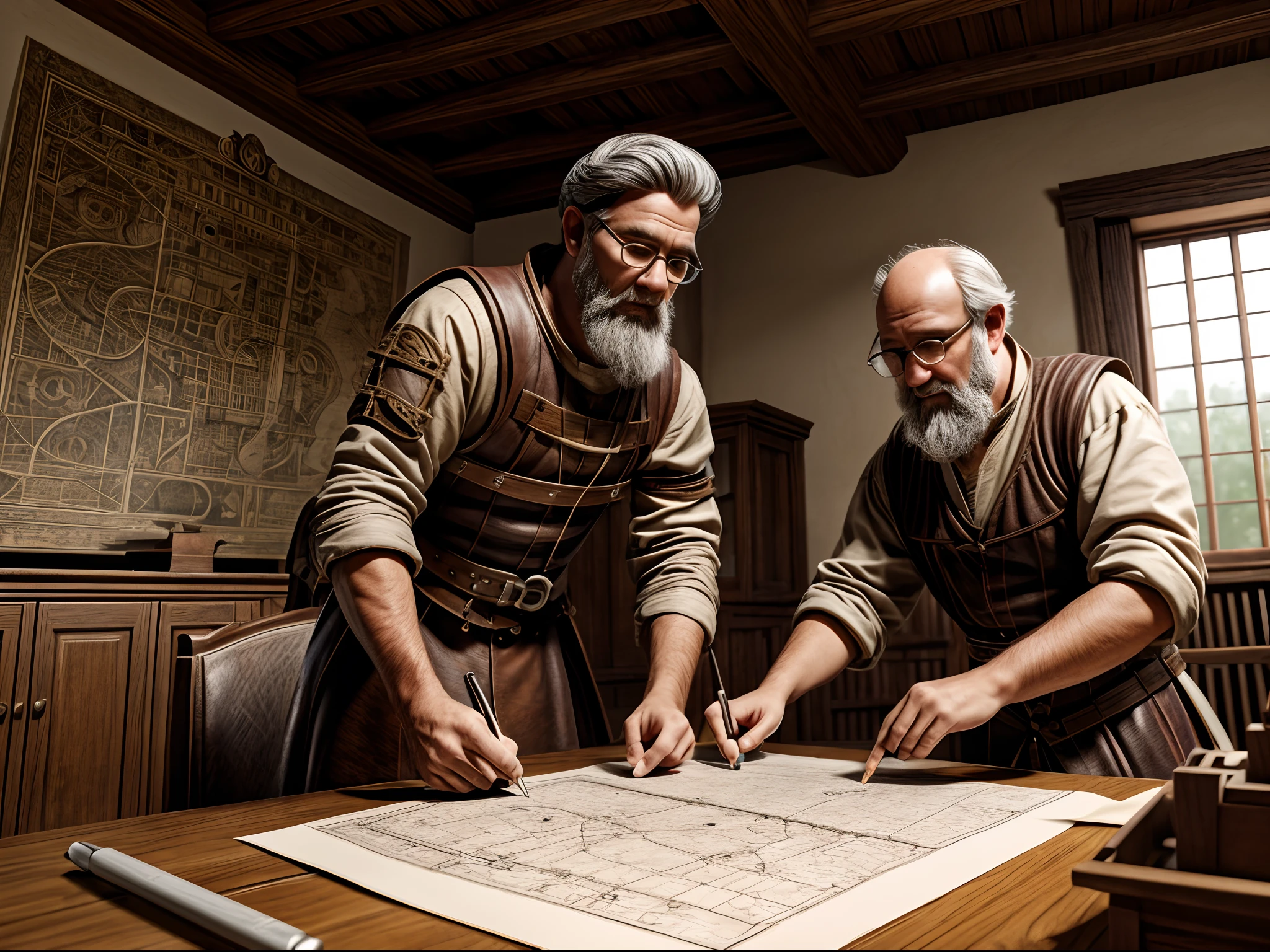 A medieval engineer drawing a plan of a hot air baloon on paper, an old medieval man weaing glasses drawing the plans of a hot air baloon, the lines in the plan are the hot air baloon to exteme details, it is painted paper, with pencil, medival study room background, high details, best quality, 16k, [ultra detailed], masterpiece, best quality, (ultra detailed), full body, ultra wide shot, photorealism 3d rendering 3DMM
