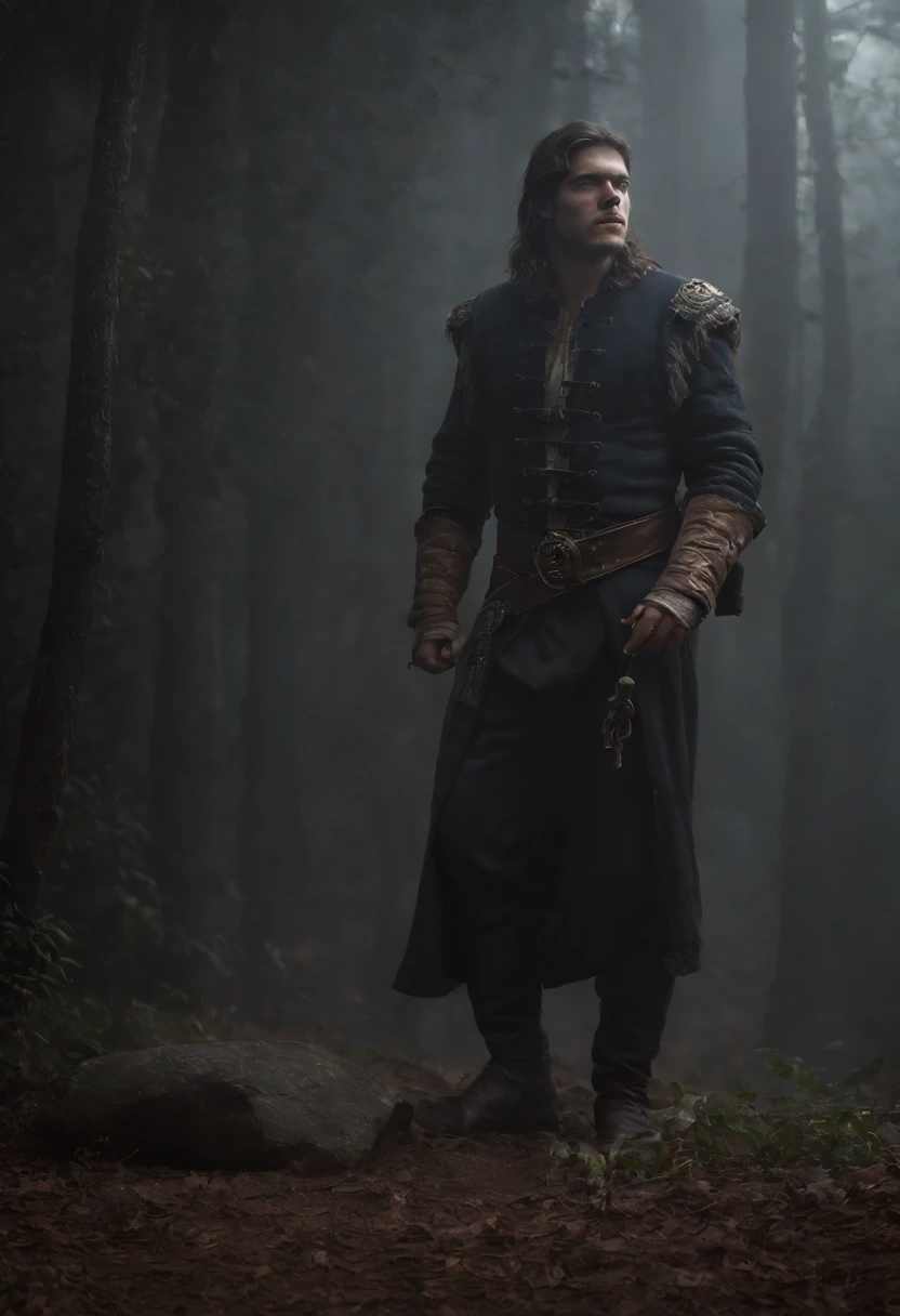 Create a cinematic image of a tall, homem forte, vestindo um terno preto com sobretudo e cartola. In your hand, ele segura um tridente em chamas. The environment is dark with a lot of fog. Ele tem um sorriso malicioso no rosto, And your eyes are full of mystery. Os detalhes da imagem devem ser realistas, but they should also have a touch of fantasy. A imagem deve ser cativante e intrigante, and it must transmit energy and strength. riqueza de detalhes no rosto, boca e olhos. criar uma imagem ultra realista que captura a personalidade, lighting dramatic, ........3d, 8k, VFX, 9:16